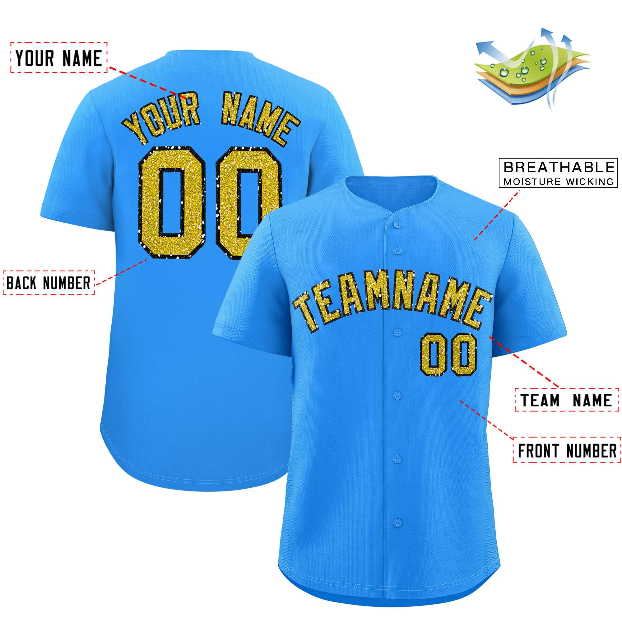 Custom Powder Blue Fine Sparkle Personalized Baseball Sports Uniform