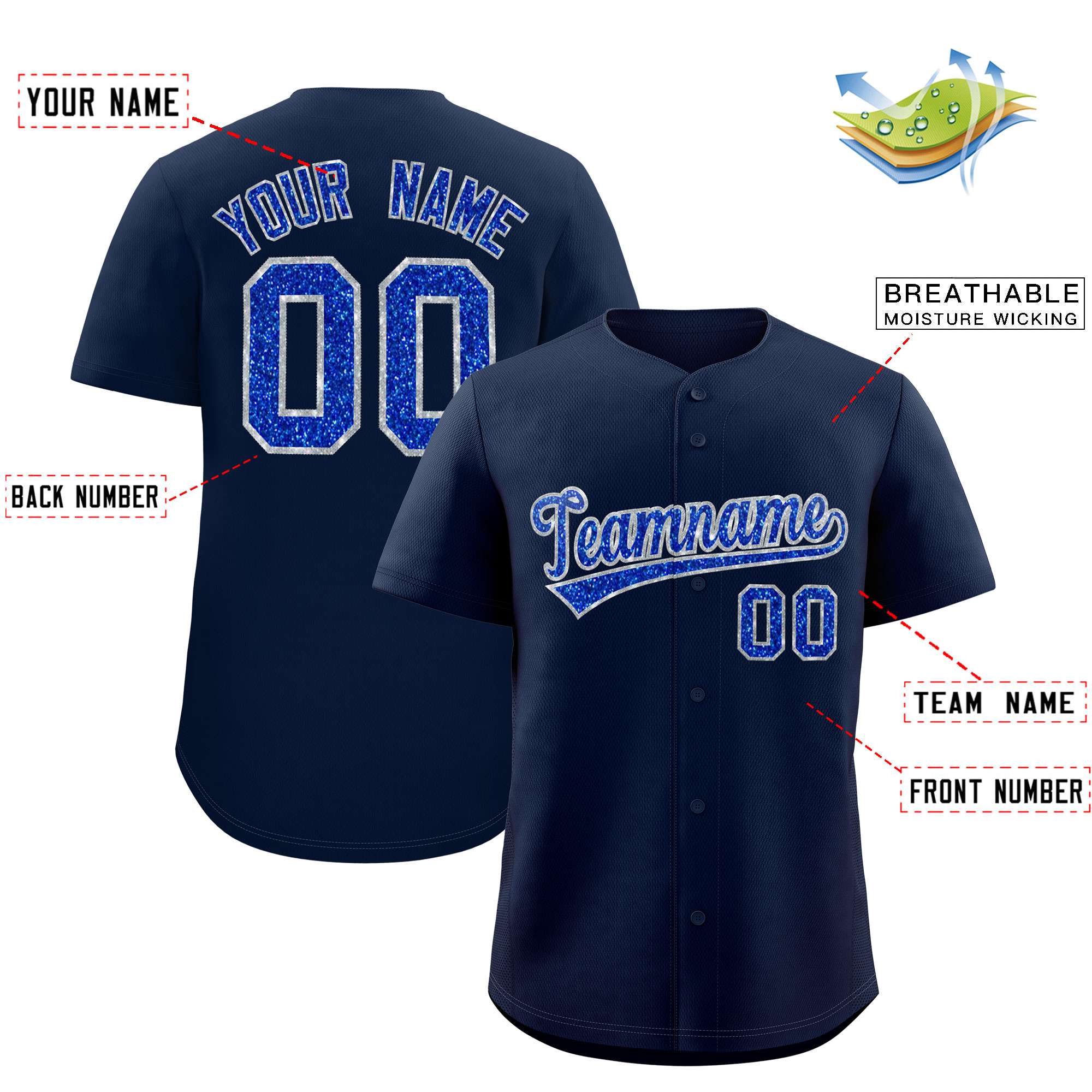 Custom Navy Fine Sparkle Personalized Baseball Sports Uniform