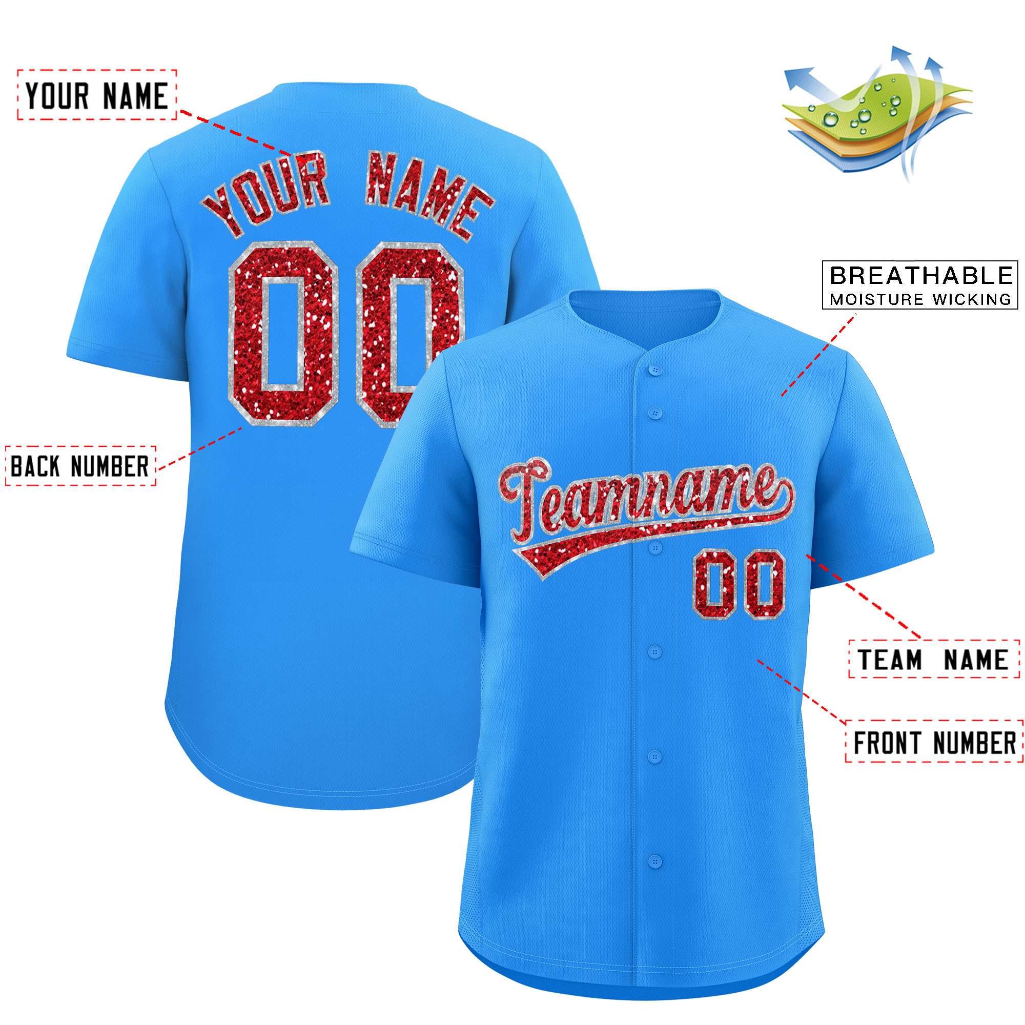 Custom Powder Blue Fine Sparkle Personalized Baseball Sports Uniform