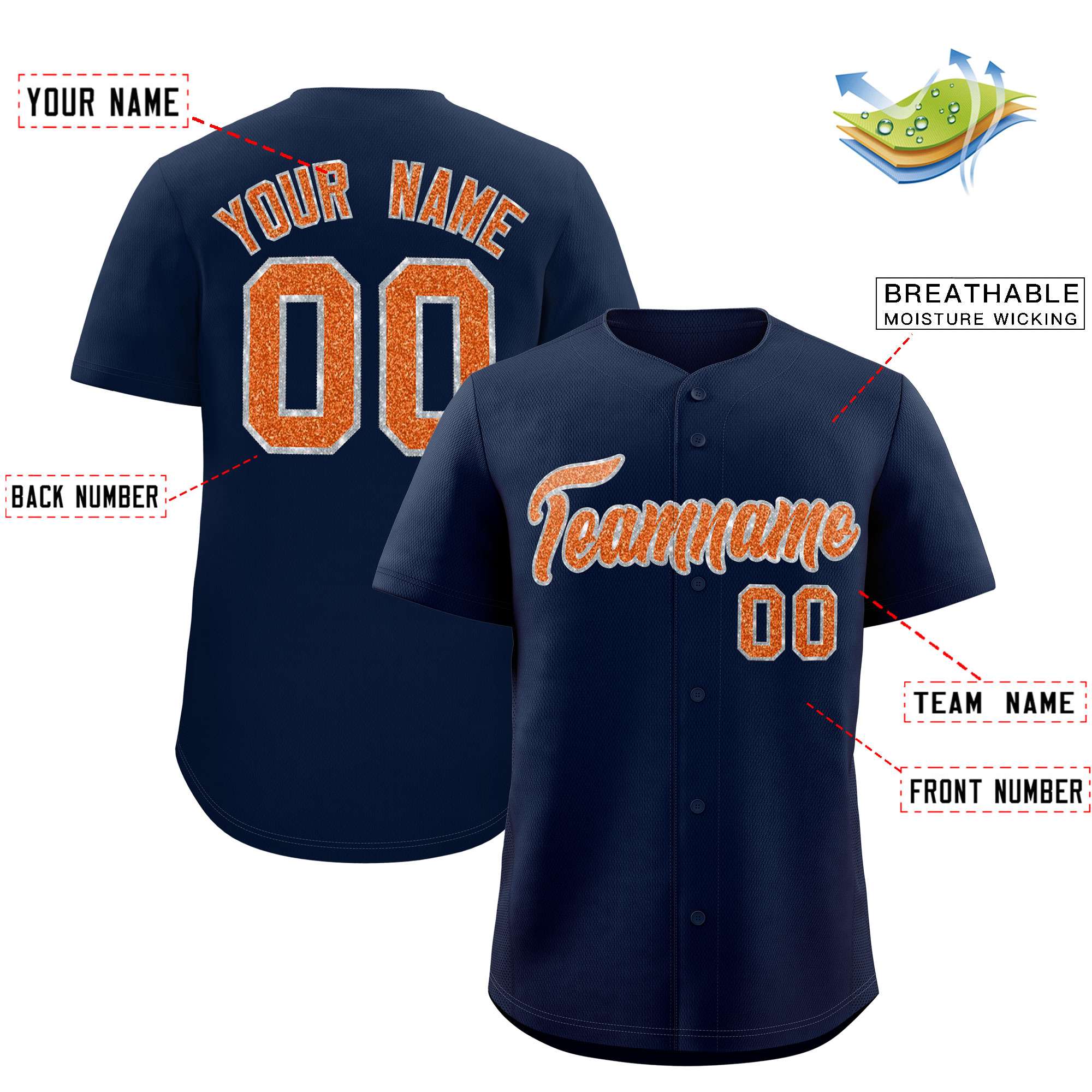 Custom Navy Fine Sparkle Personalized Baseball Sports Uniform