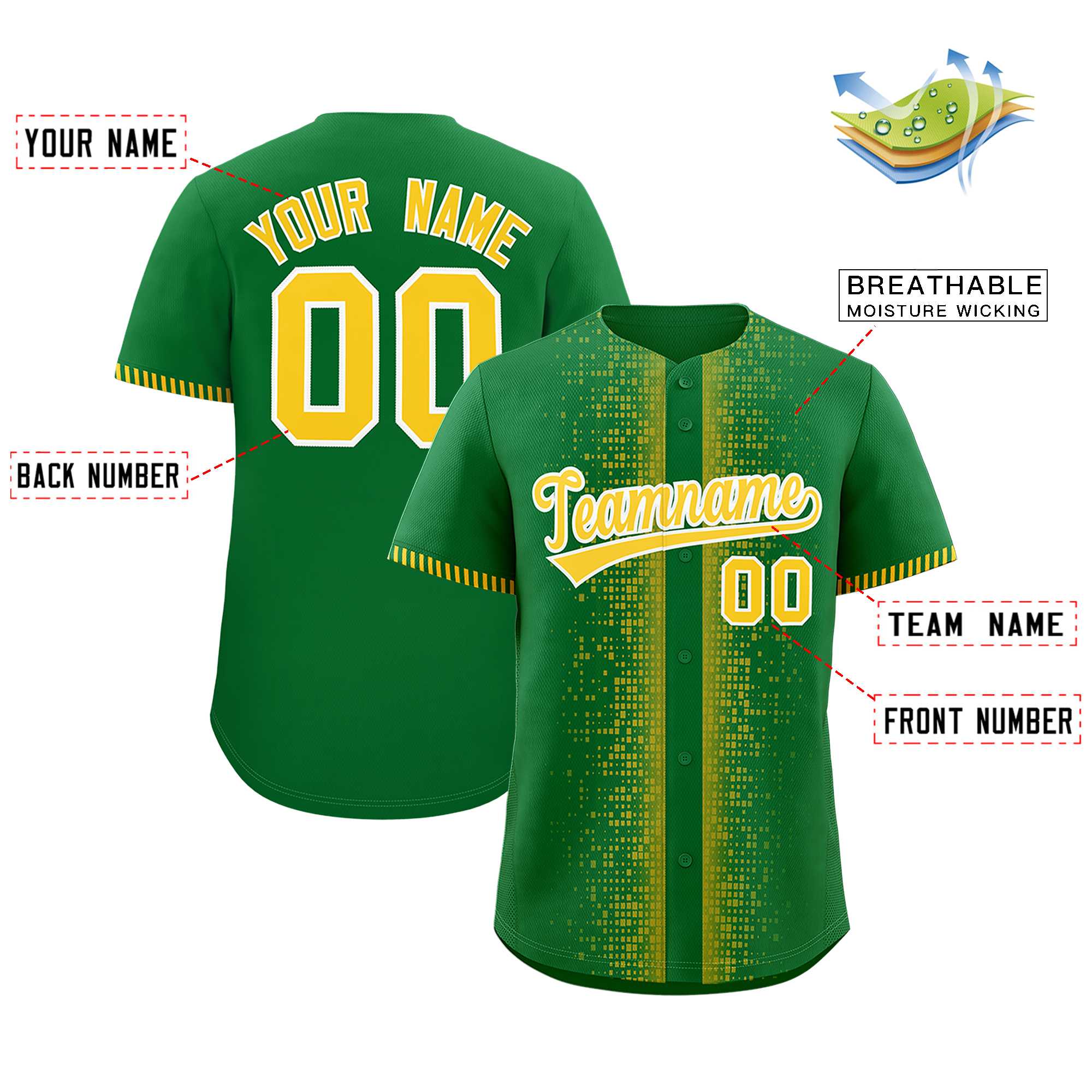 Custom Kelly Green Gold Personalized Phonetic Rhythm Authentic Baseball Jersey