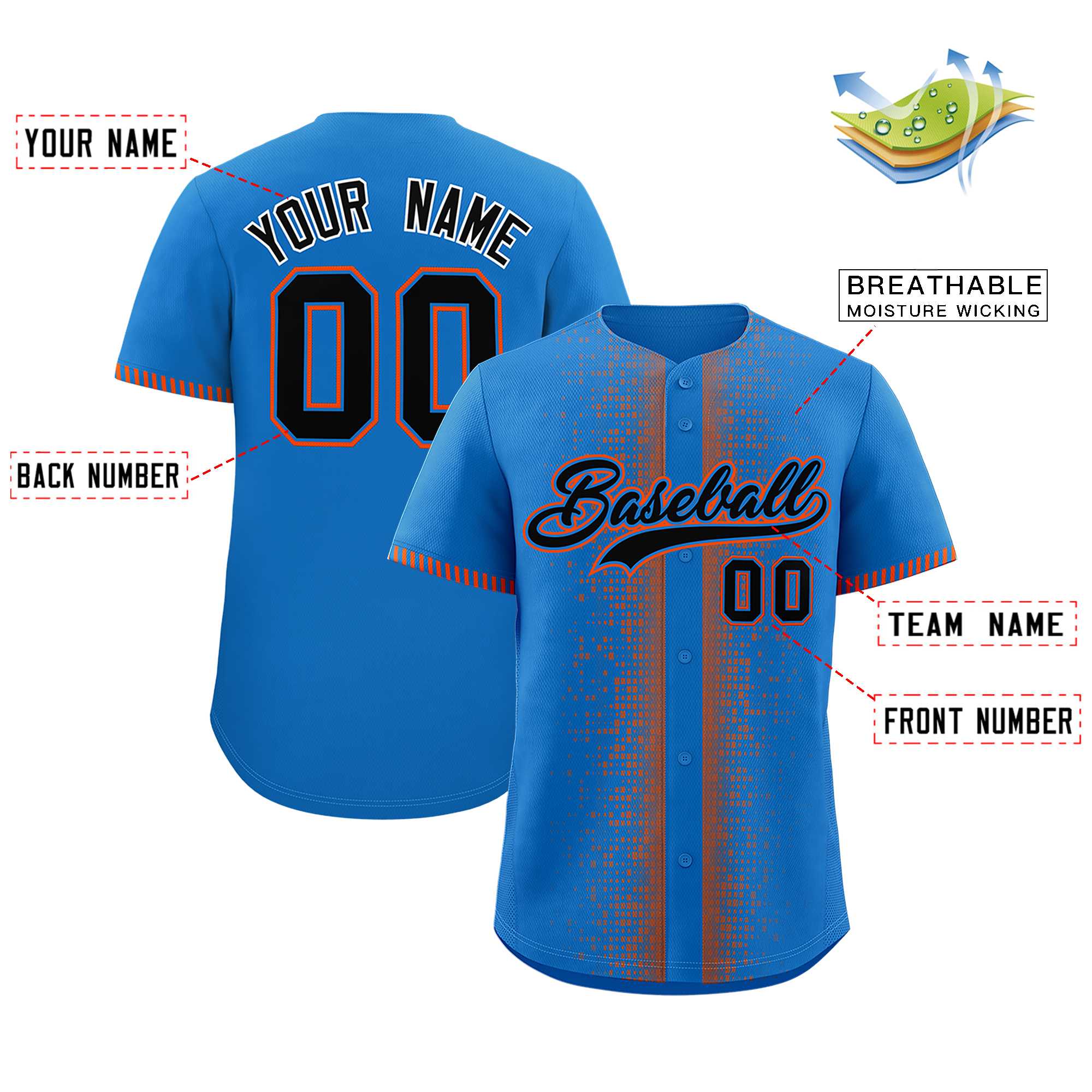 Custom Powder Blue Orange Personalized Phonetic Rhythm Authentic Baseball Jersey