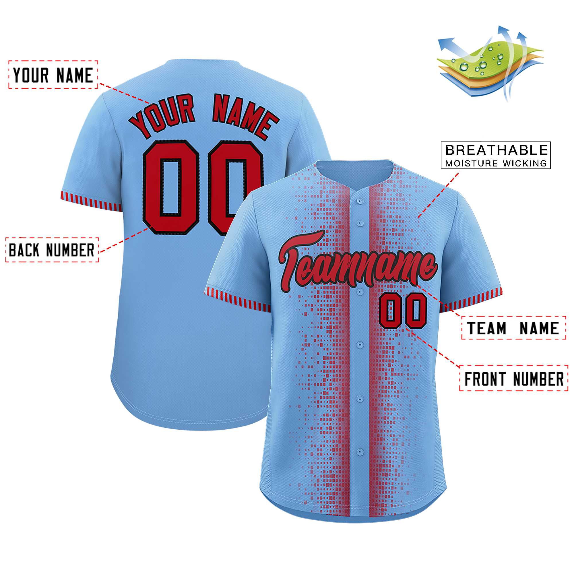 Custom Light Blue Red Personalized Phonetic Rhythm Authentic Baseball Jersey