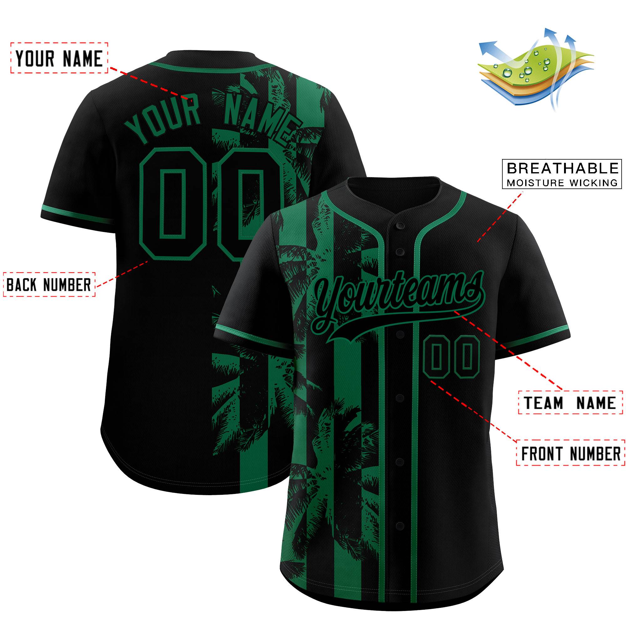 Custom Black Kelly Green Split Fashion Coconut Tree Design Authentic Baseball Jersey