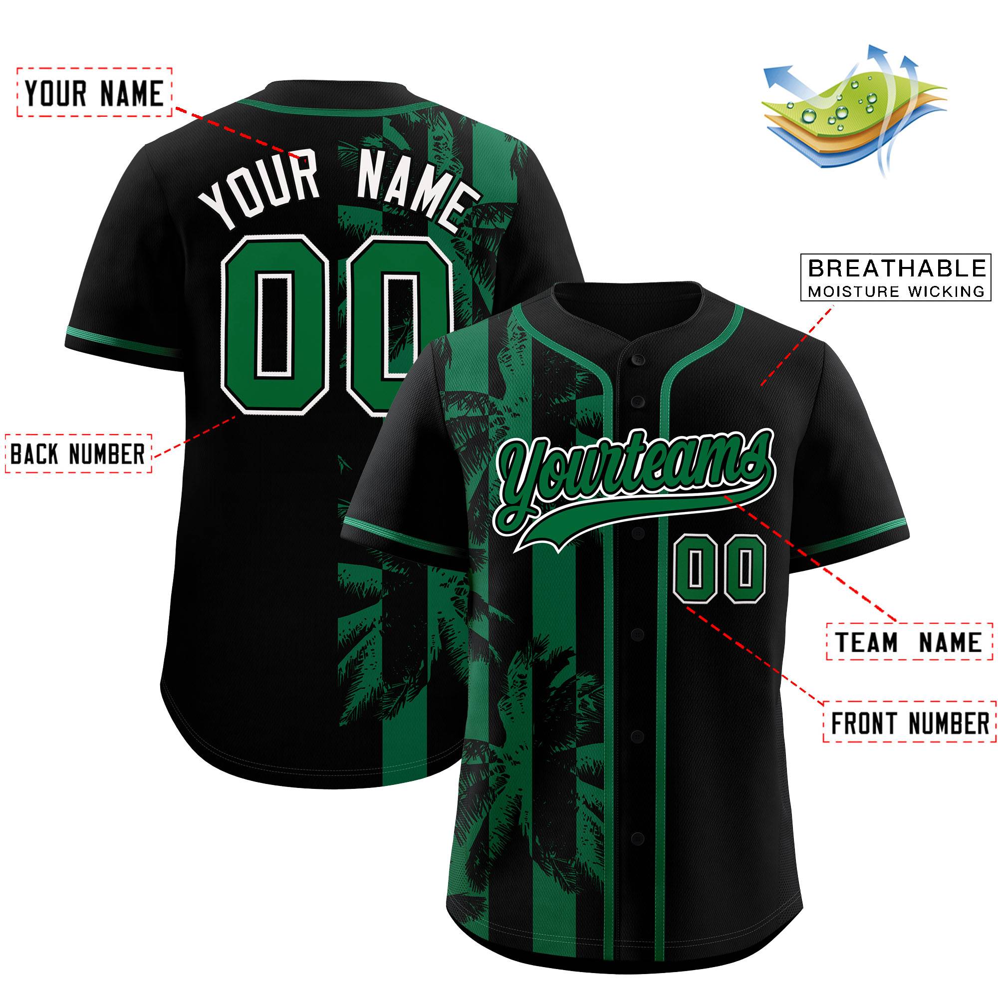 Custom Black Kelly Green Split Fashion Coconut Tree Design Authentic Baseball Jersey