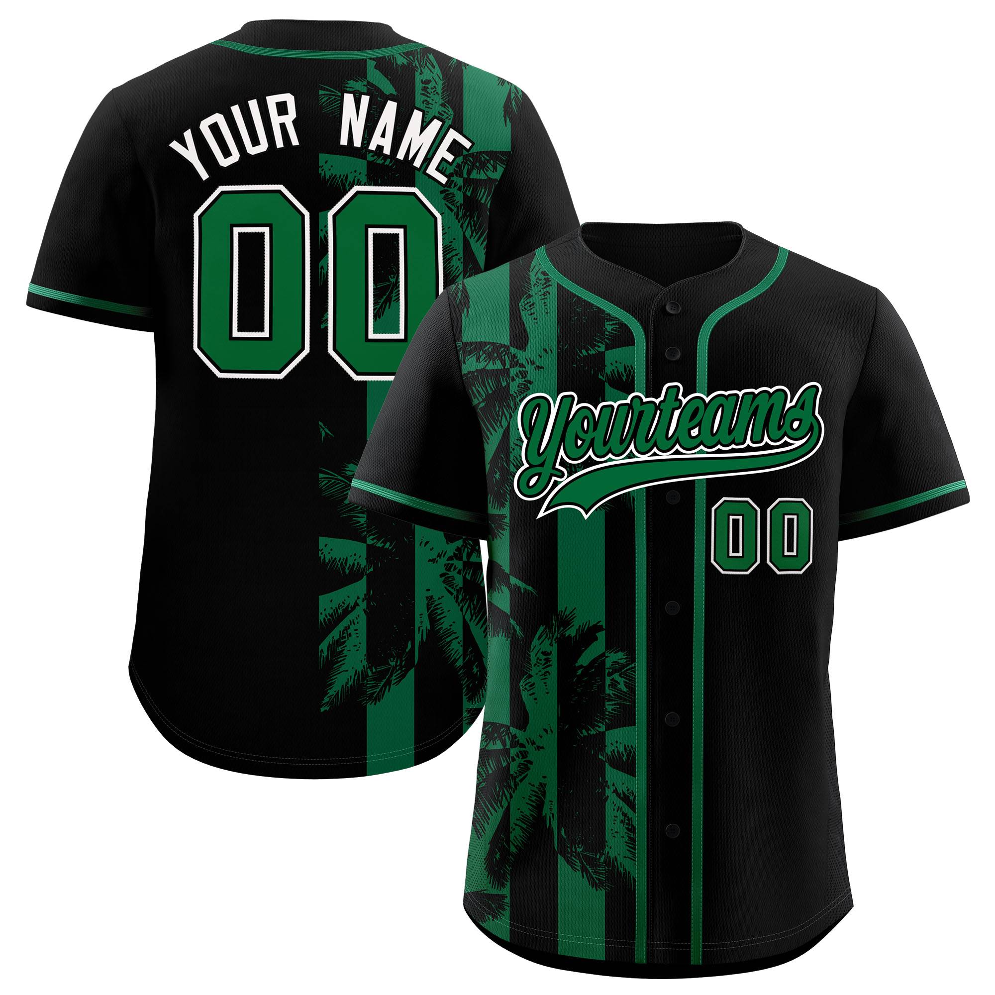 Custom Black Kelly Green Split Fashion Coconut Tree Design Authentic Baseball Jersey