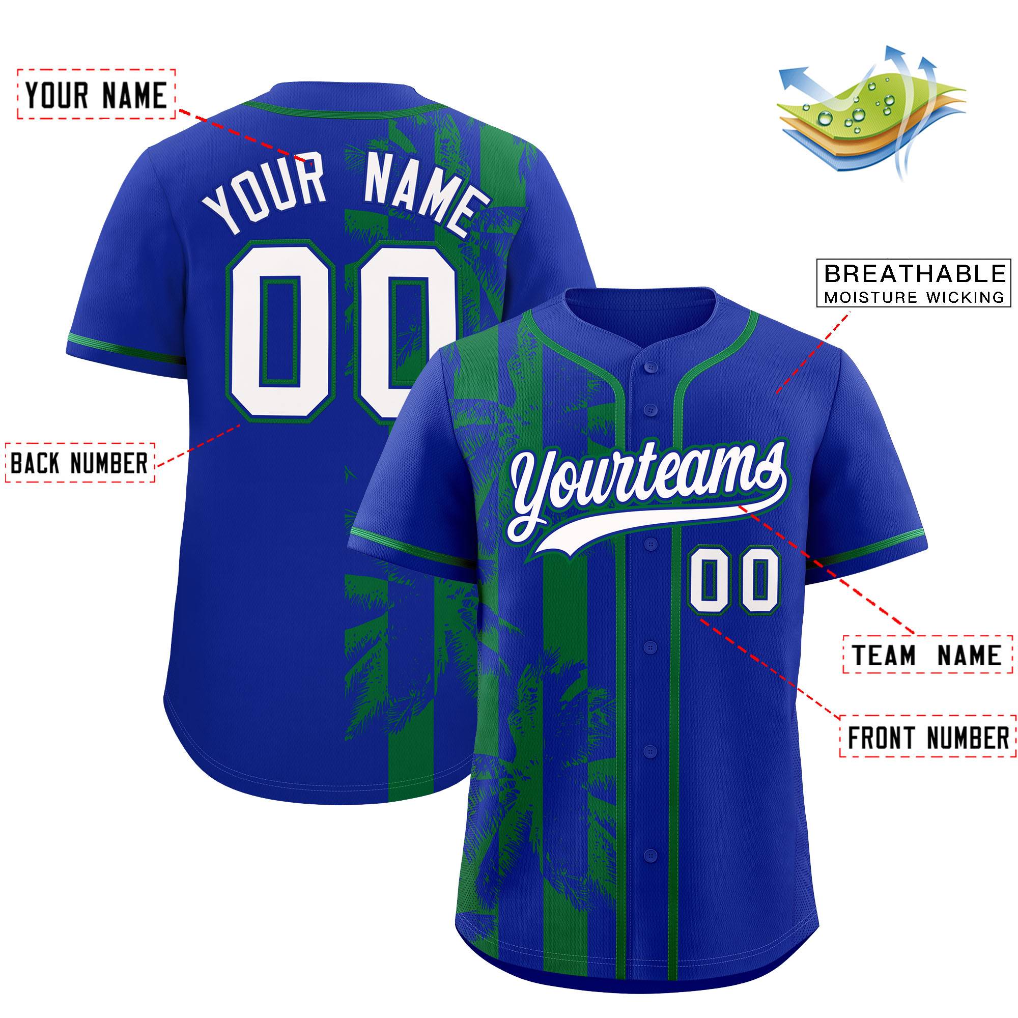 Custom Royal Kelly Green Split Fashion Coconut Tree Design Authentic Baseball Jersey