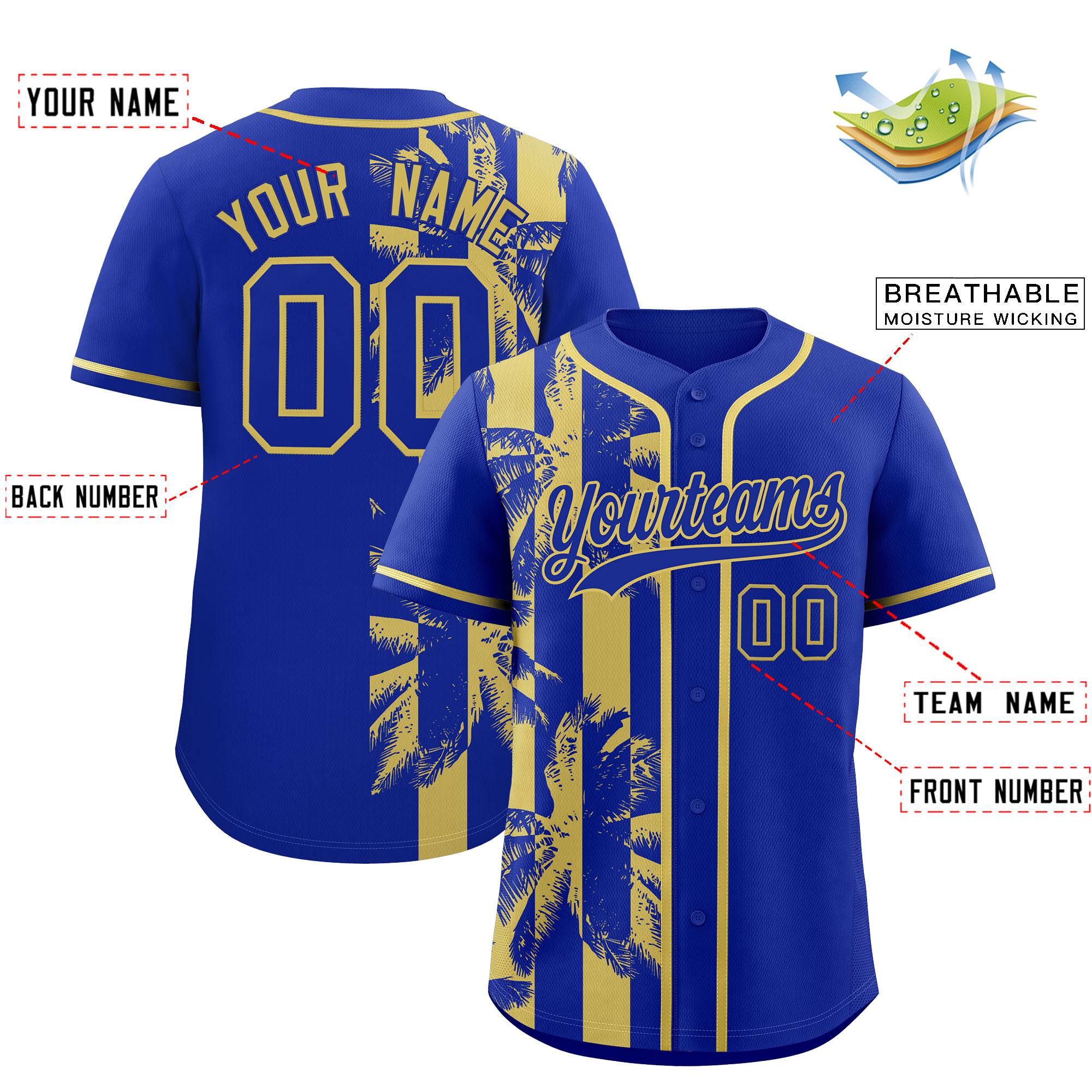 Custom Royal Khaki Split Fashion Coconut Tree Design Authentic Baseball Jersey