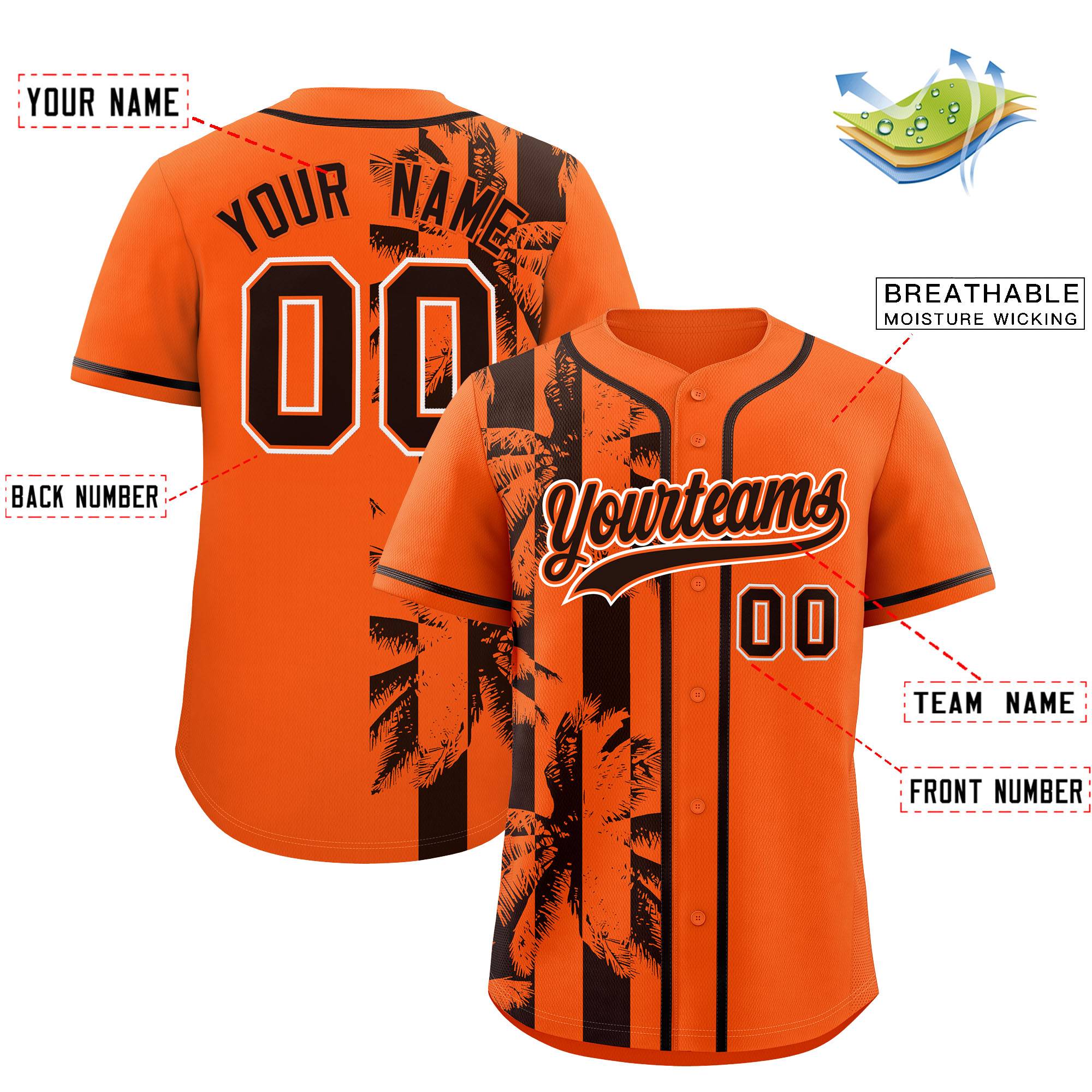 Custom Orange Brown Split Fashion Coconut Tree Design Authentic Baseball Jersey