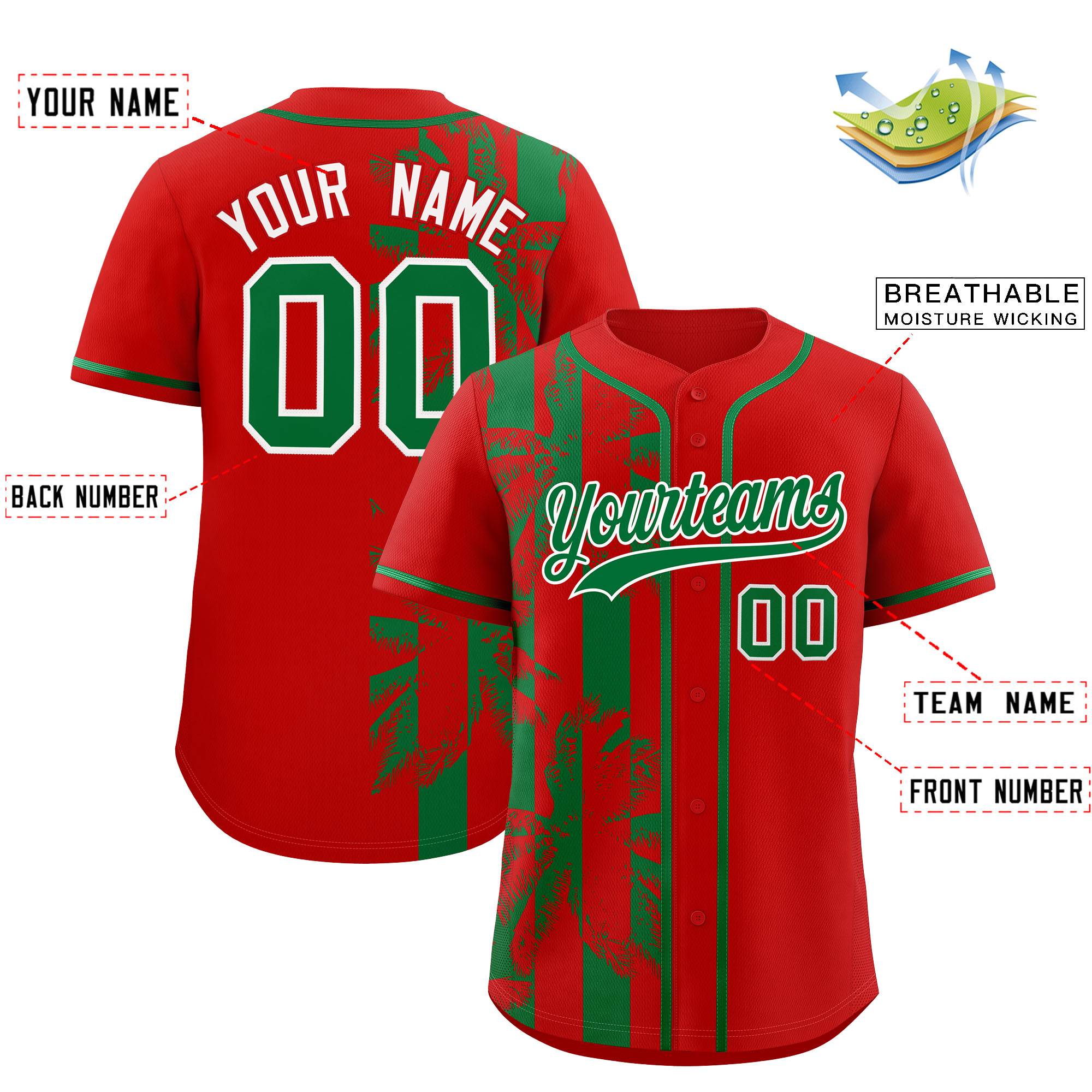 Custom Red Kelly Green Split Fashion Coconut Tree Design Authentic Baseball Jersey