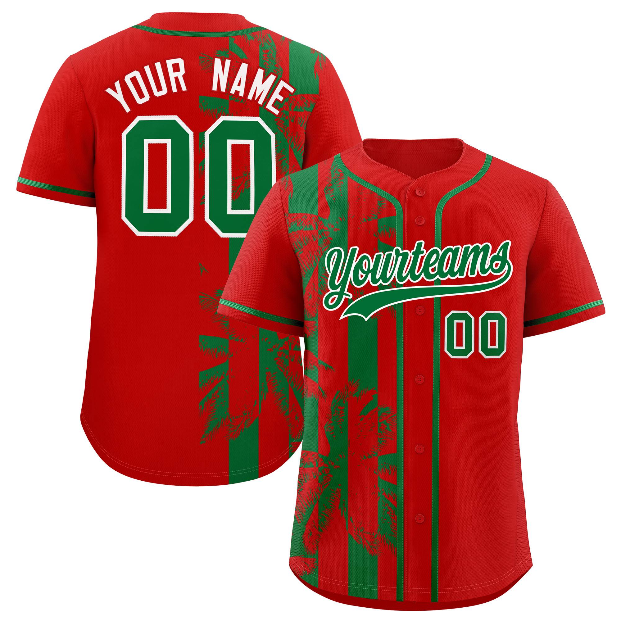 Custom Red Kelly Green Split Fashion Coconut Tree Design Authentic Baseball Jersey