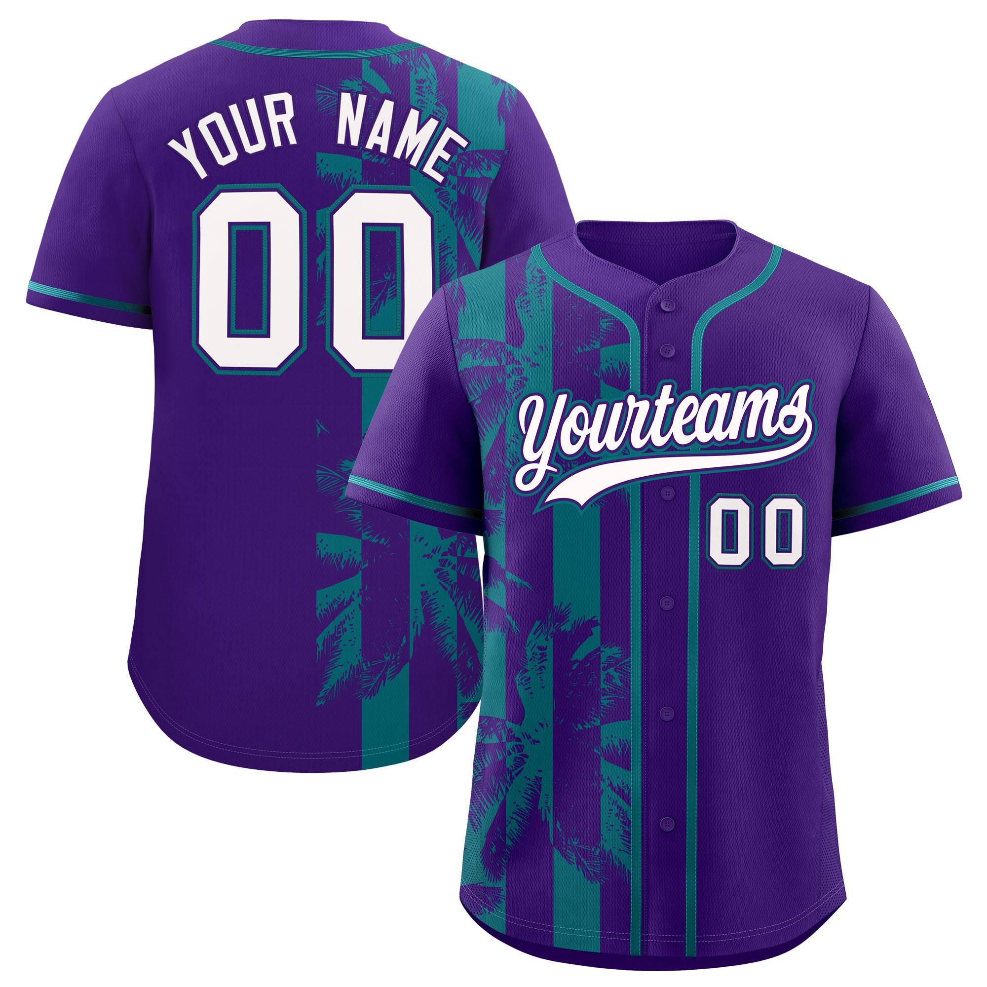 Custom Purple Teal Split Fashion Coconut Tree Design Authentic Baseball Jersey