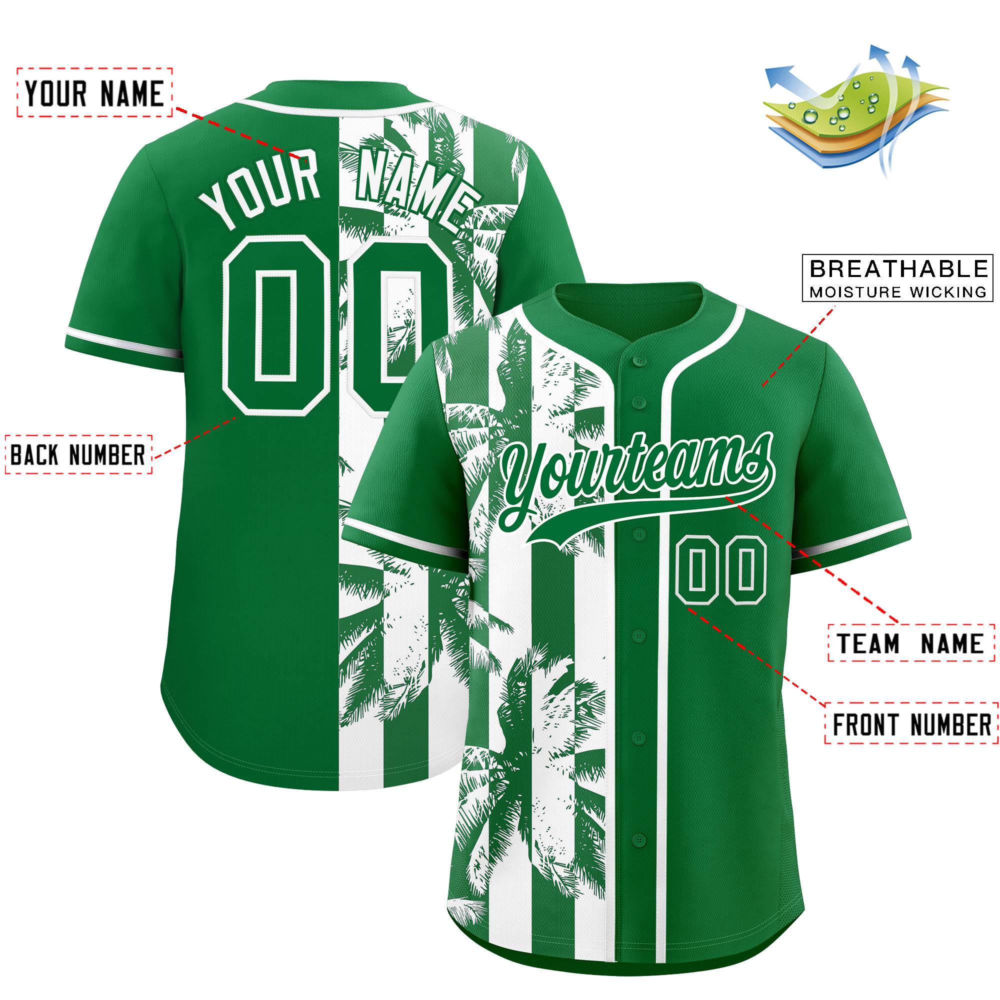 Custom Kelly Green White Split Fashion Coconut Tree Design Authentic Baseball Jersey