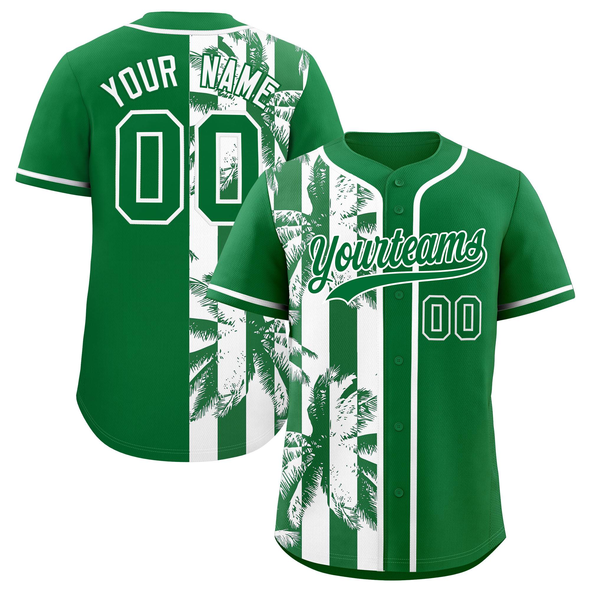 Custom Kelly Green White Split Fashion Coconut Tree Design Authentic Baseball Jersey