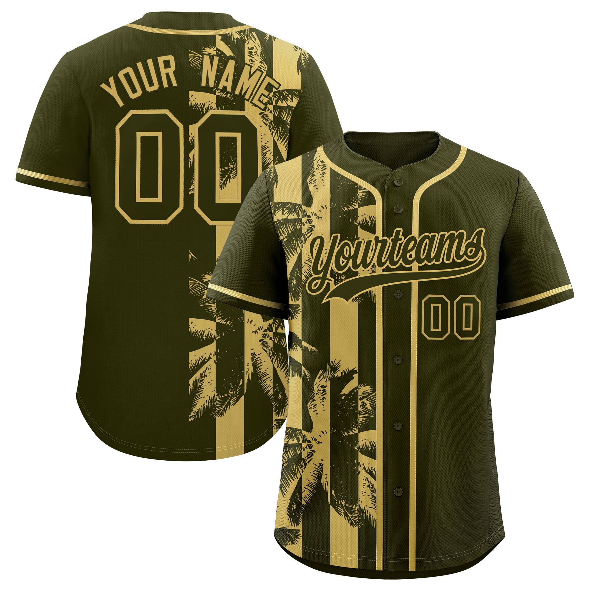 Custom Olive Khaki Split Fashion Coconut Tree Design Authentic Baseball Jersey