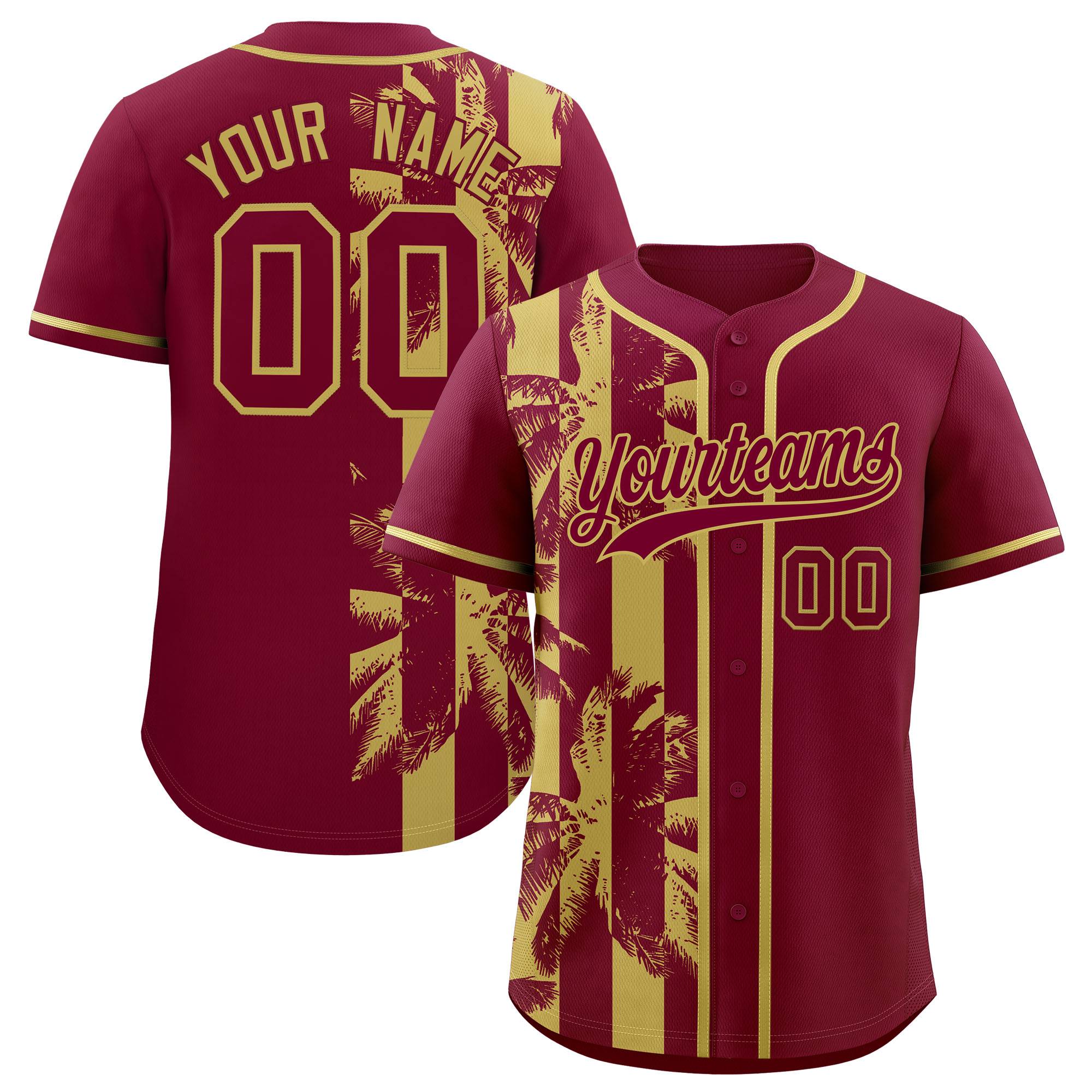 Custom Crimson Khaki Split Fashion Coconut Tree Design Authentic Baseball Jersey