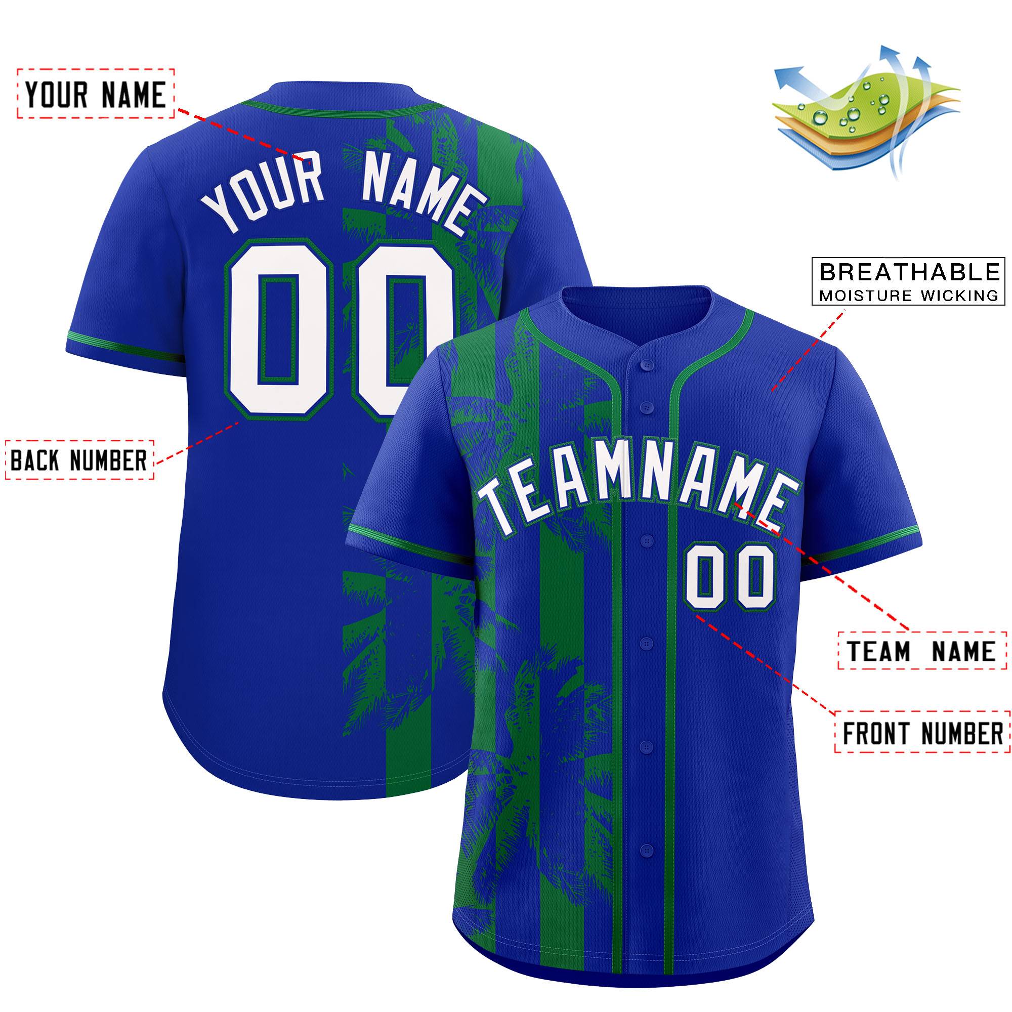 Custom Royal Kelly Green Split Fashion Coconut Tree Design Authentic Baseball Jersey