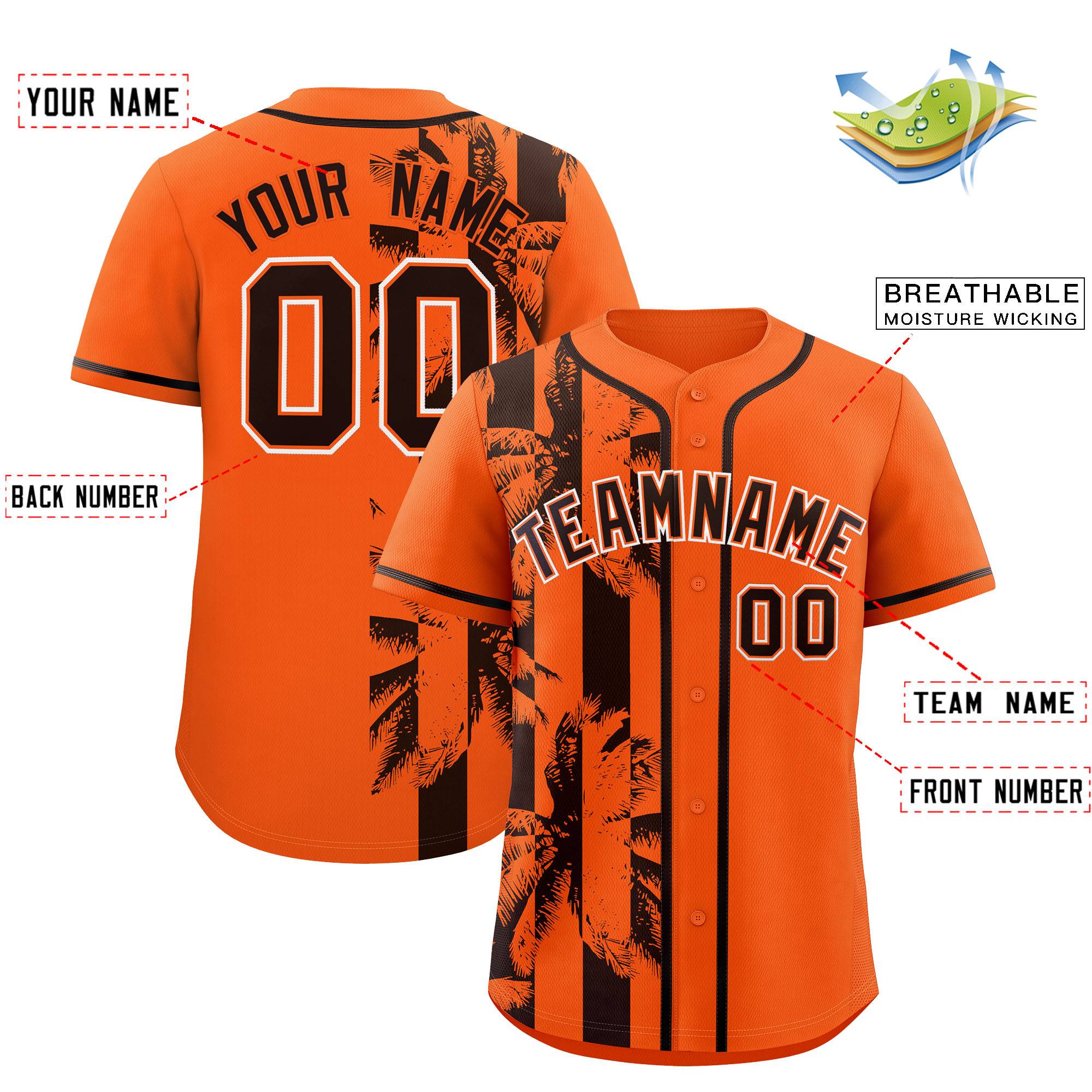 Custom Orange Brown Split Fashion Coconut Tree Design Authentic Baseball Jersey