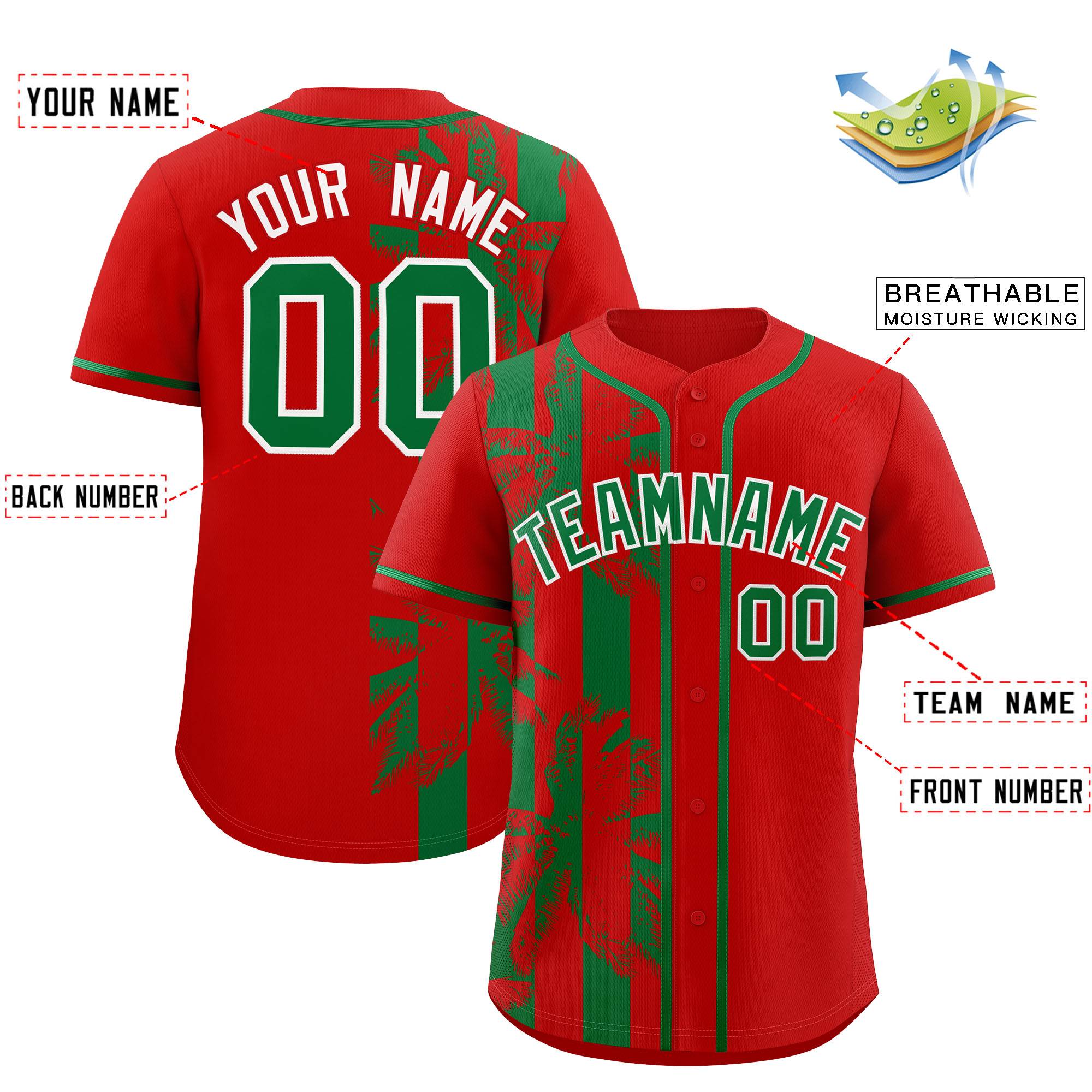 Custom Red Kelly Green Split Fashion Coconut Tree Design Authentic Baseball Jersey