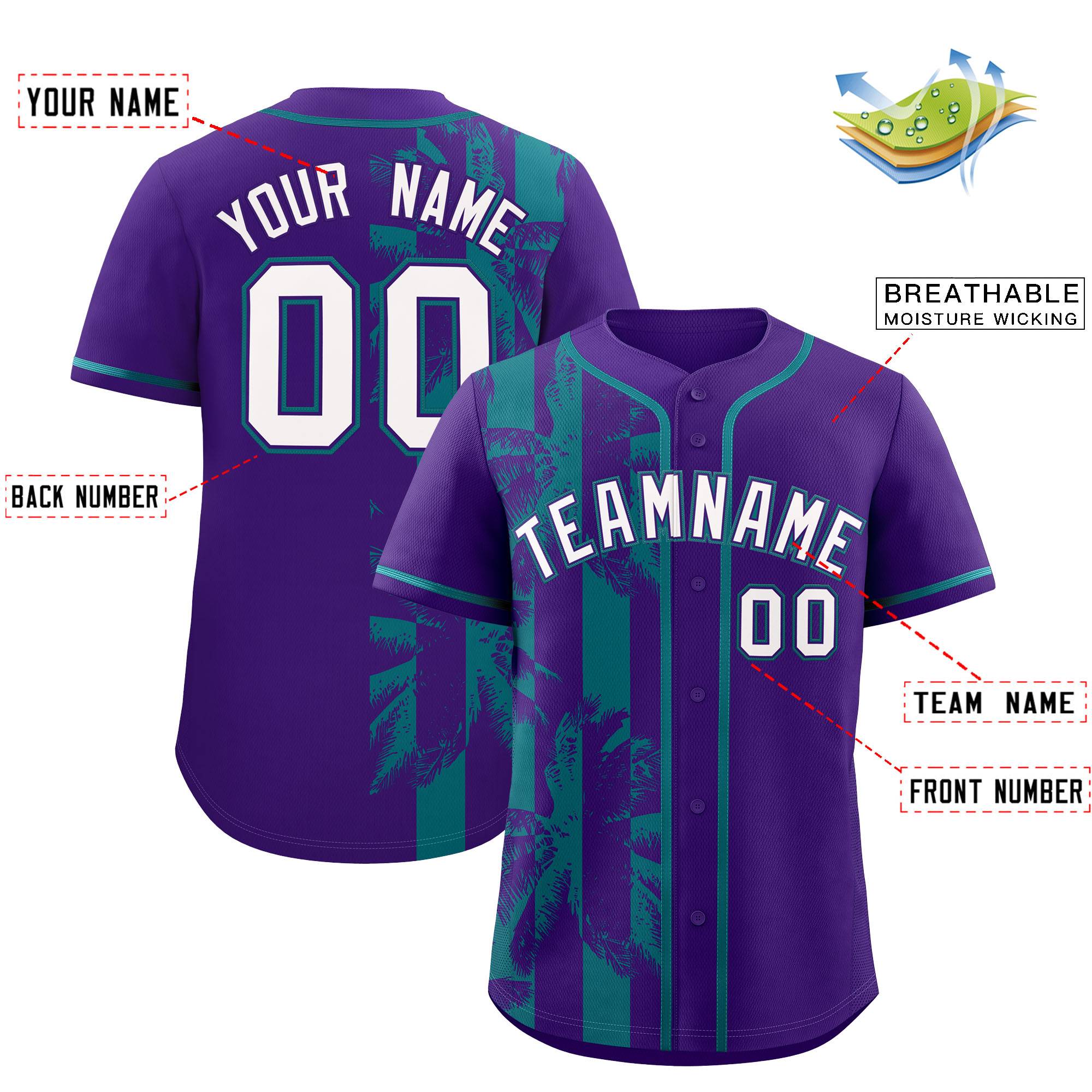 Custom Purple Teal Split Fashion Coconut Tree Design Authentic Baseball Jersey