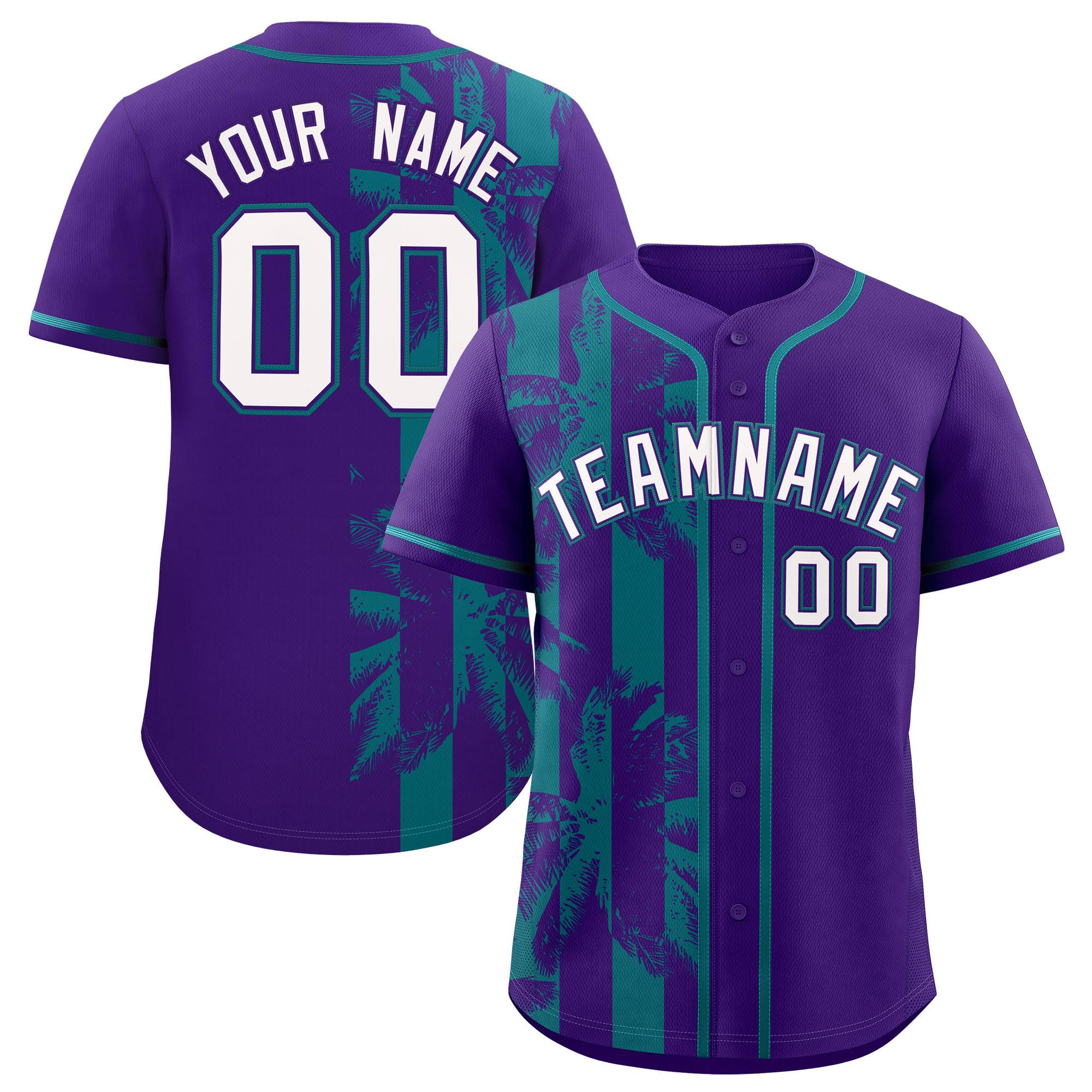 Custom Purple Teal Split Fashion Coconut Tree Design Authentic Baseball Jersey