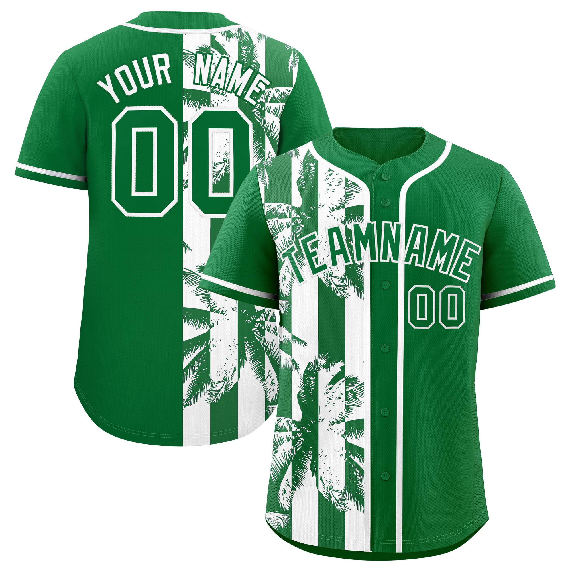 Custom Kelly Green White Split Fashion Coconut Tree Design Authentic Baseball Jersey