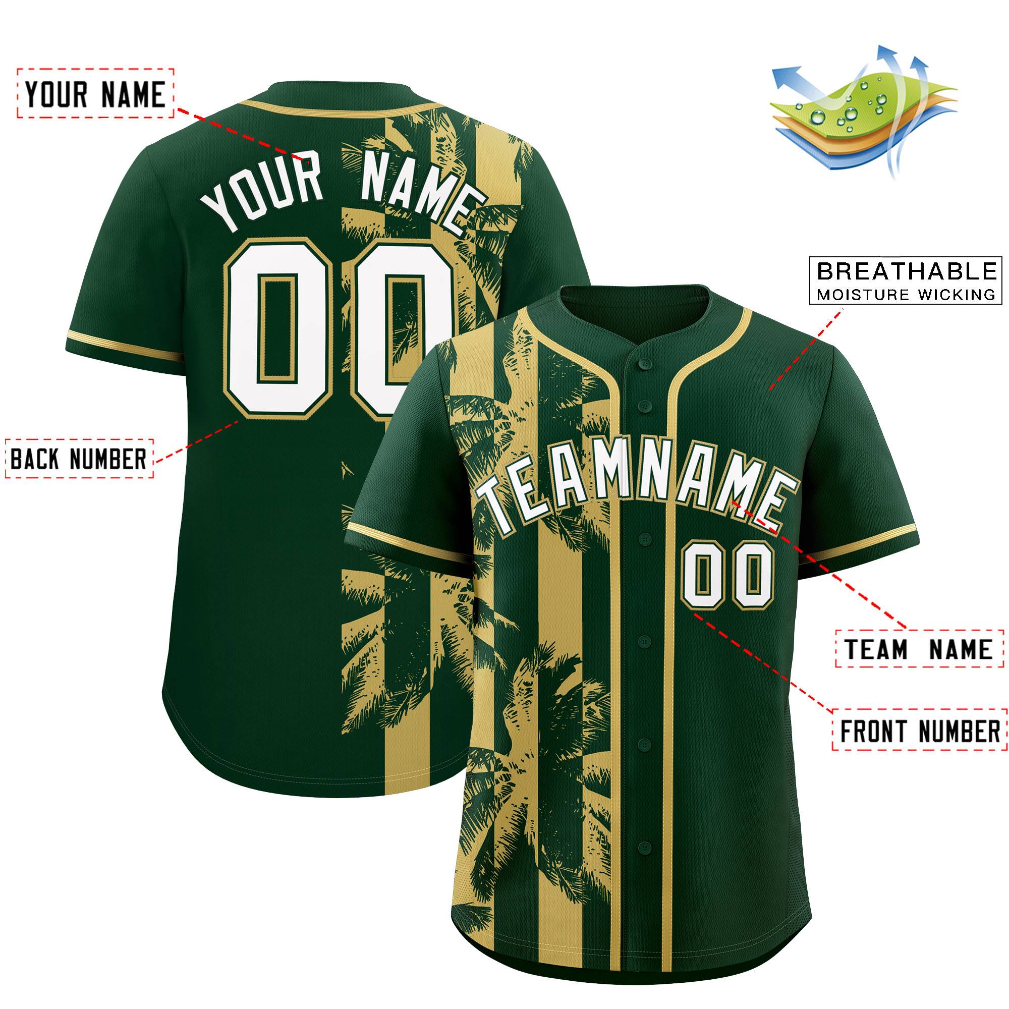 Custom Green Khaki Split Fashion Coconut Tree Design Authentic Baseball Jersey