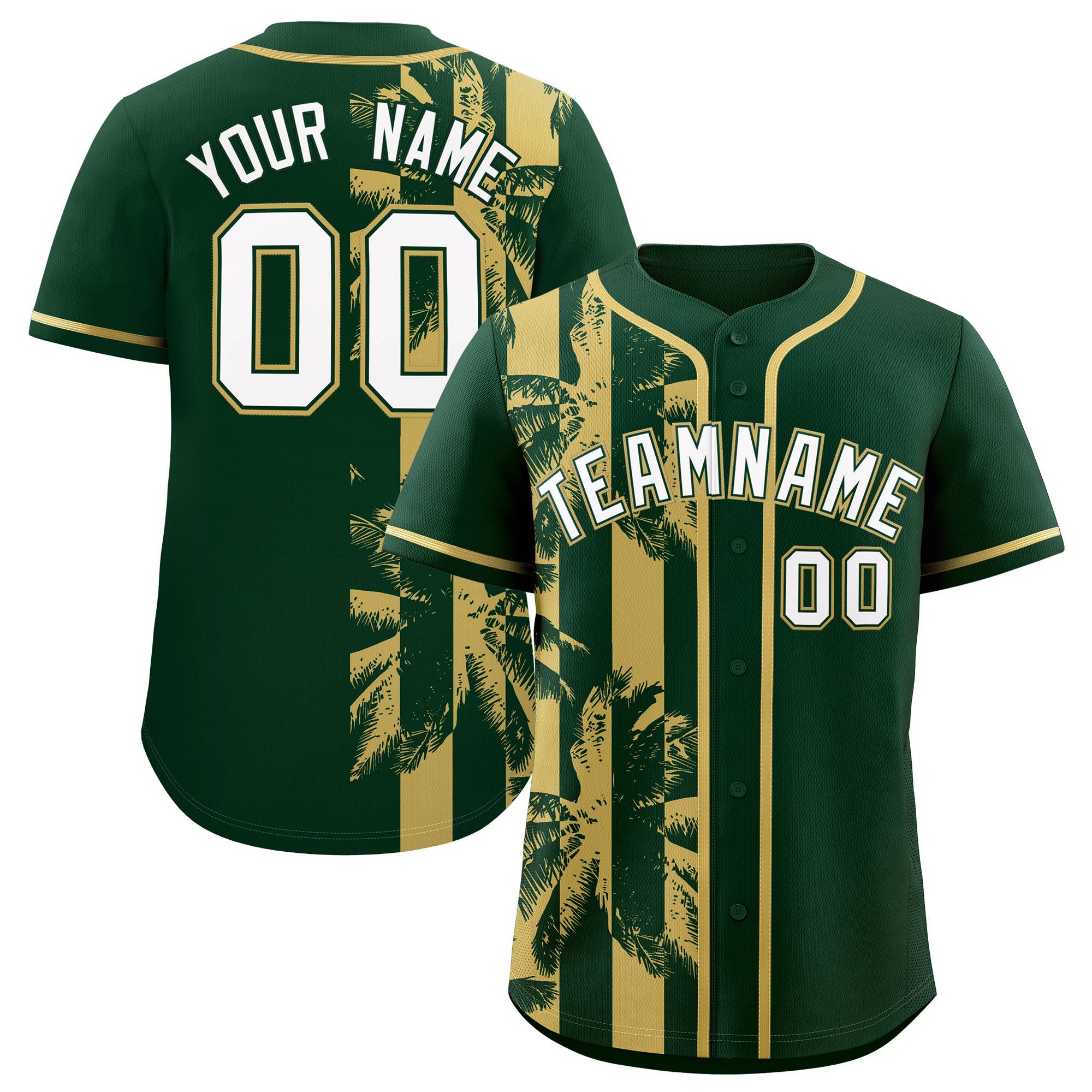 Custom Green Khaki Split Fashion Coconut Tree Design Authentic Baseball Jersey