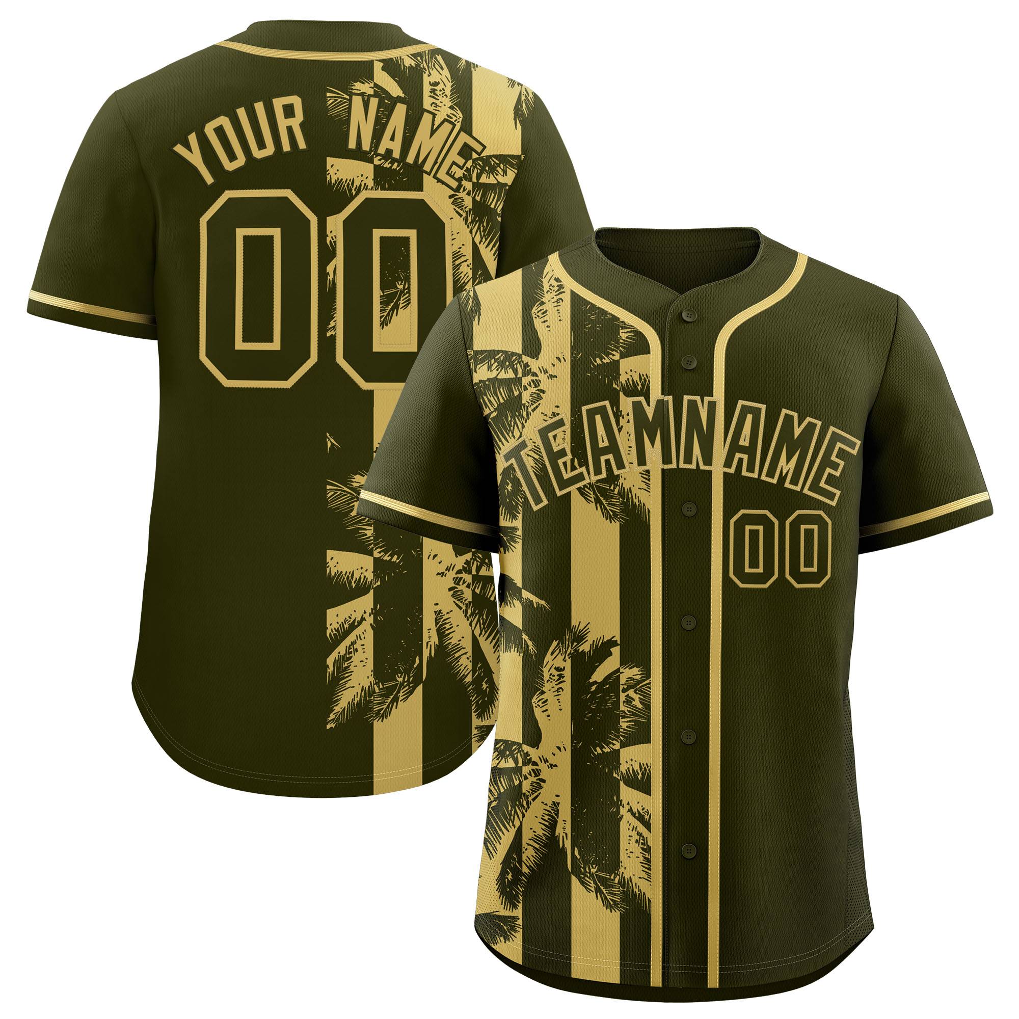 Custom Olive Khaki Split Fashion Coconut Tree Design Authentic Baseball Jersey