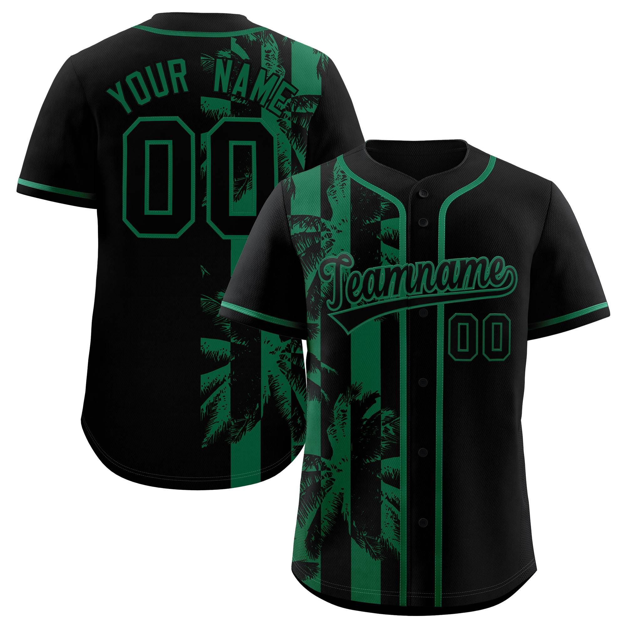 Custom Black Kelly Green Split Fashion Coconut Tree Design Authentic Baseball Jersey