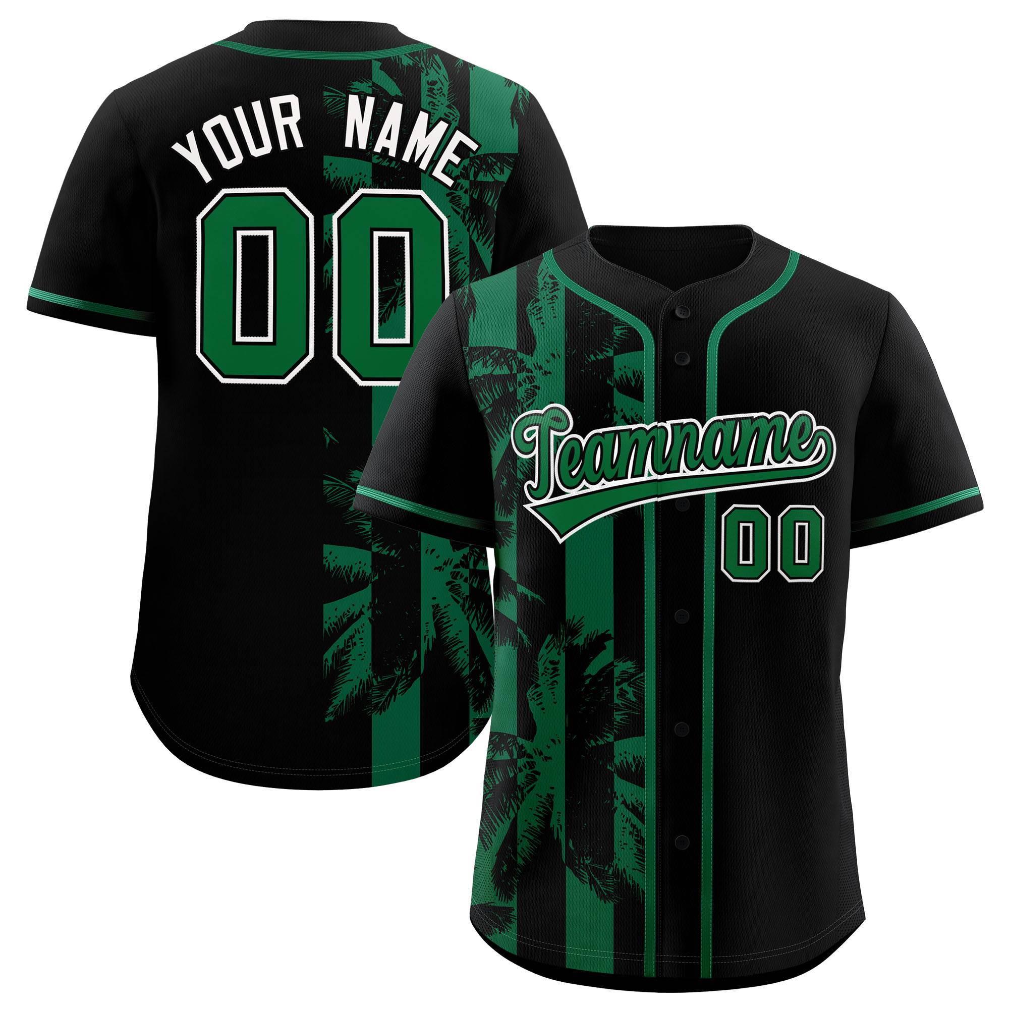 Custom Black Kelly Green Split Fashion Coconut Tree Design Authentic Baseball Jersey