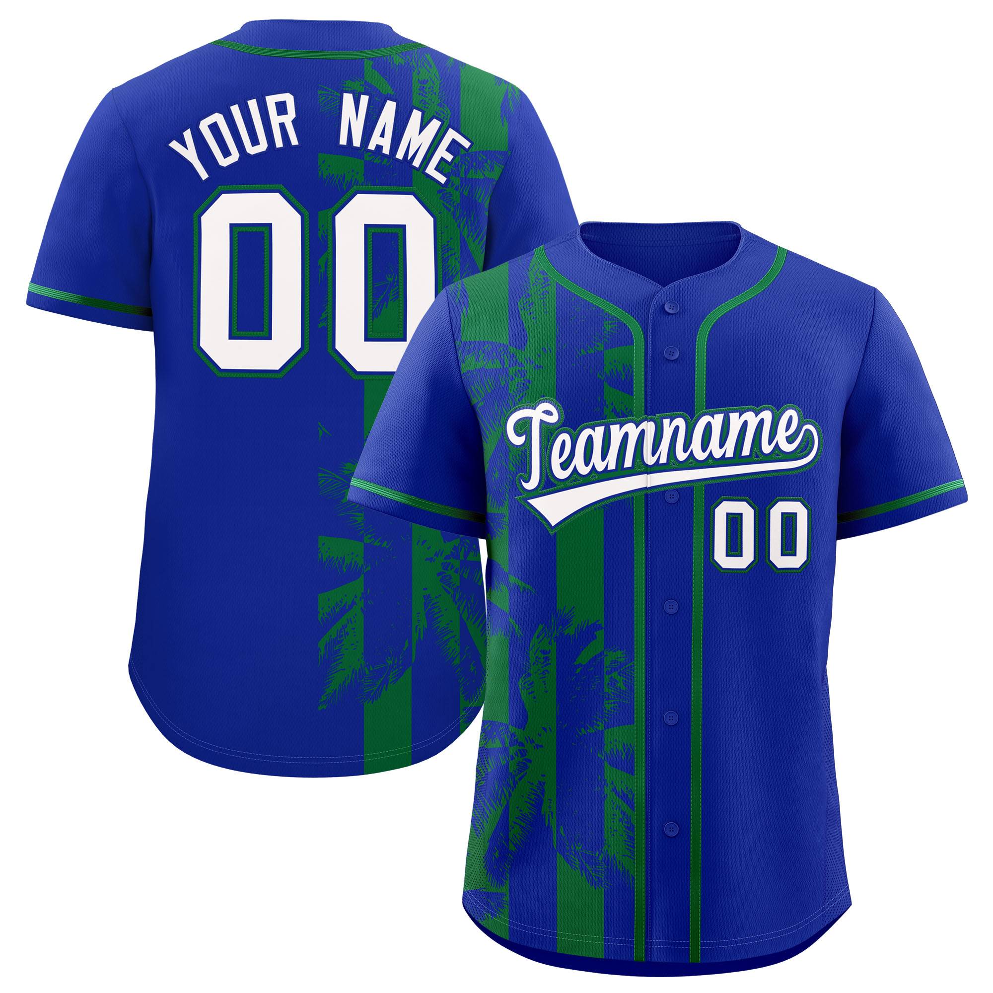 Custom Royal Kelly Green Split Fashion Coconut Tree Design Authentic Baseball Jersey