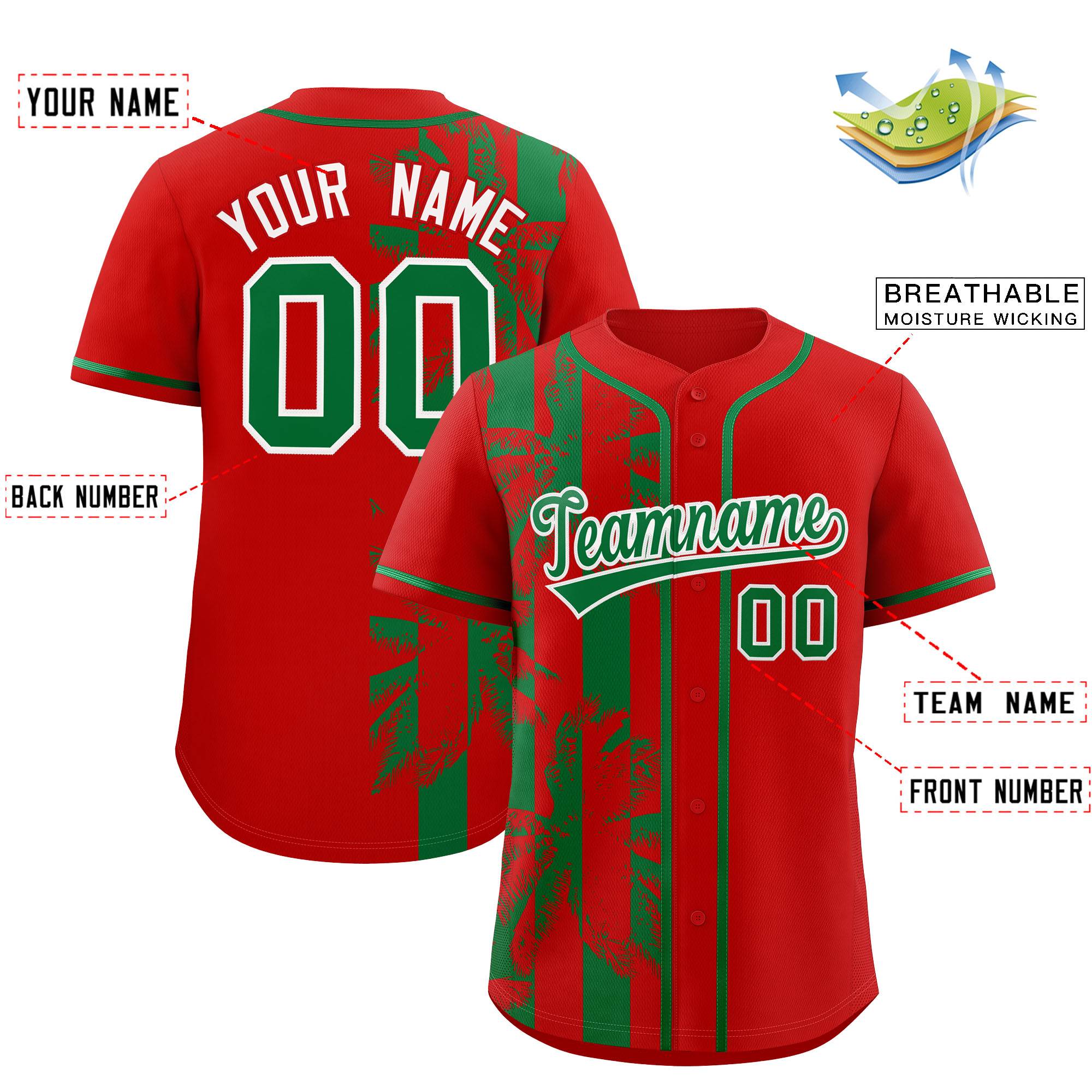 Custom Red Kelly Green Split Fashion Coconut Tree Design Authentic Baseball Jersey