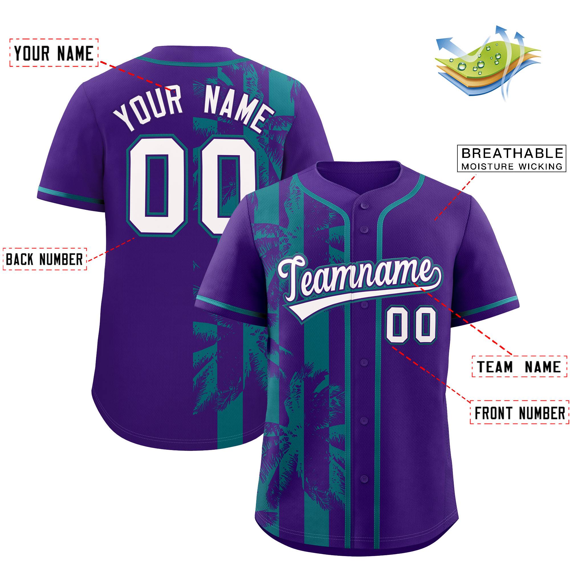 Custom Purple Teal Split Fashion Coconut Tree Design Authentic Baseball Jersey