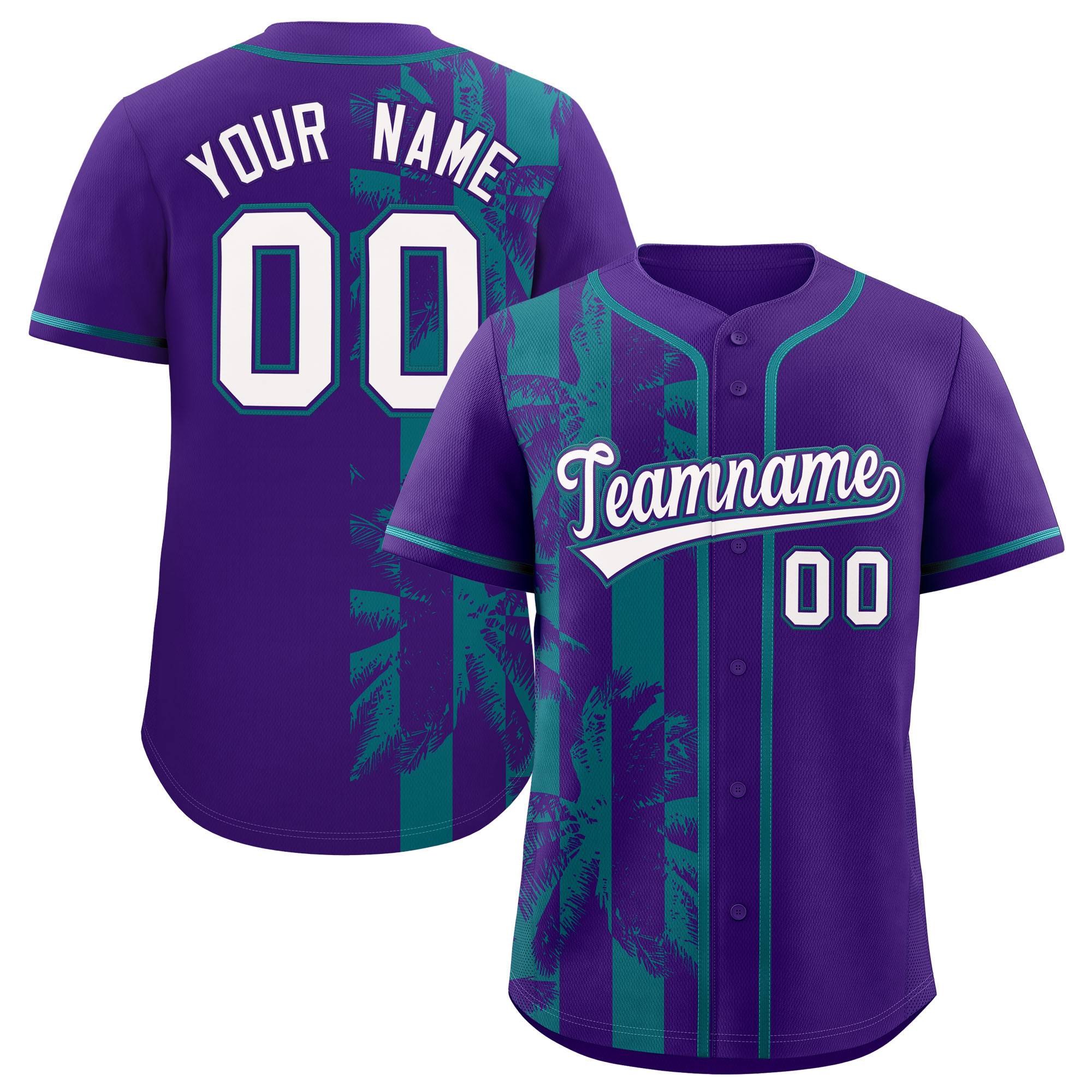 Custom Purple Teal Split Fashion Coconut Tree Design Authentic Baseball Jersey