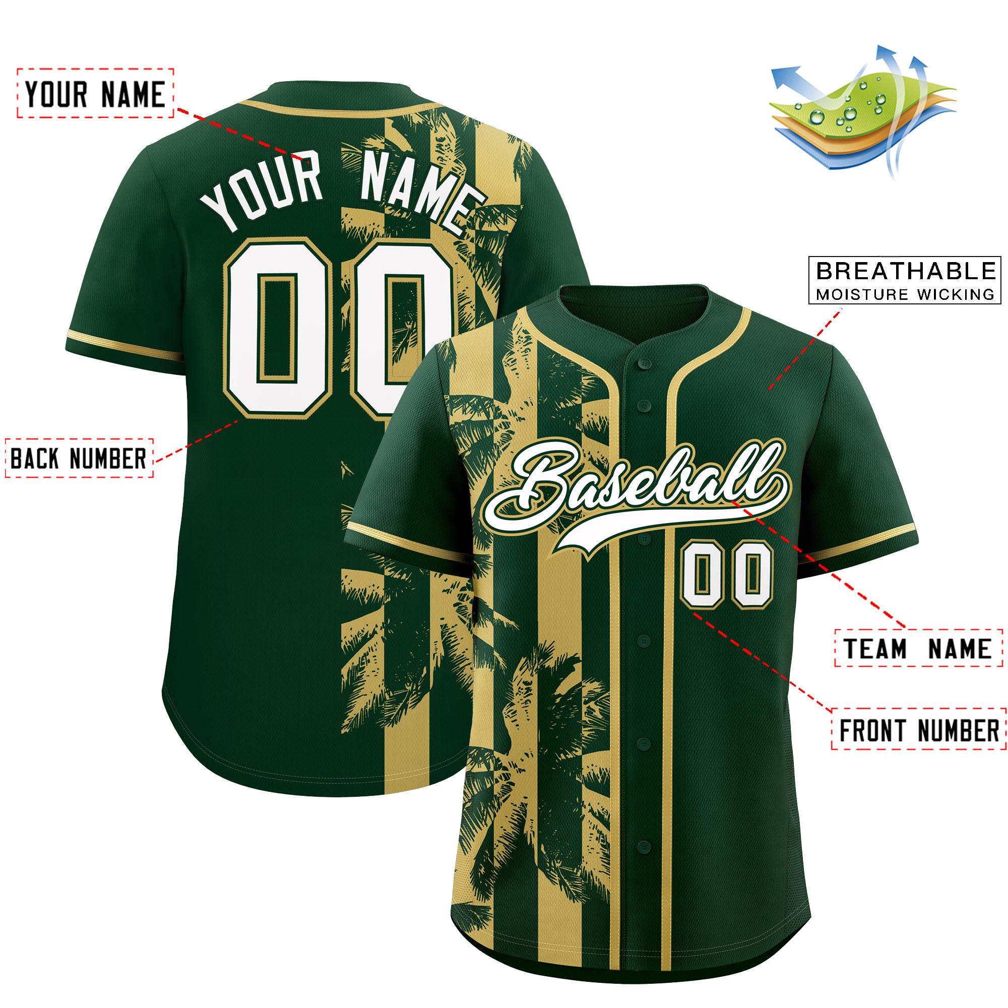 Custom Green Khaki Split Fashion Coconut Tree Design Authentic Baseball Jersey