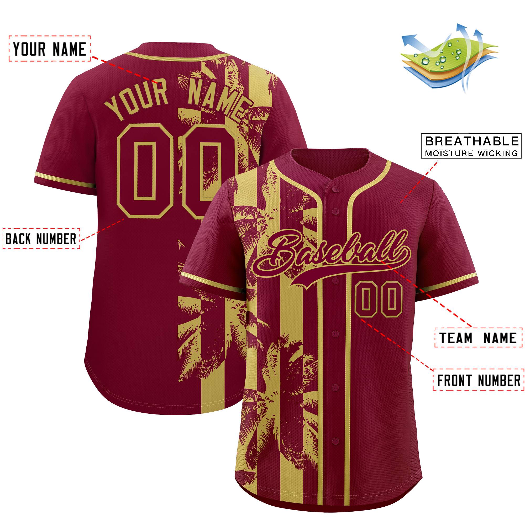 Custom Crimson Khaki Split Fashion Coconut Tree Design Authentic Baseball Jersey