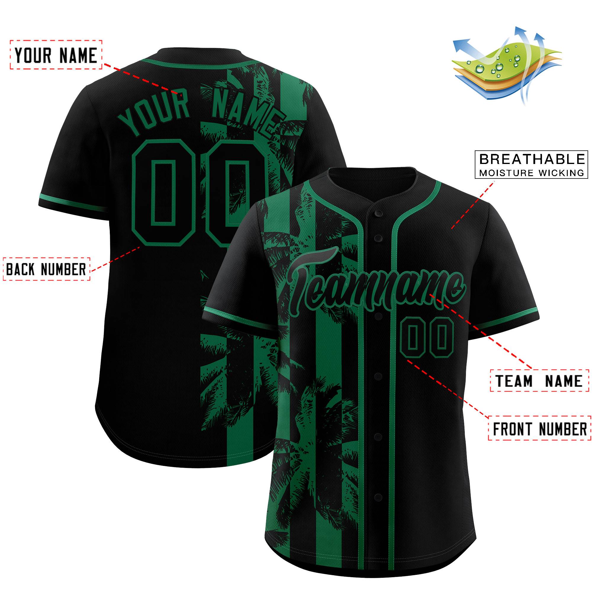 Custom Black Kelly Green Split Fashion Coconut Tree Design Authentic Baseball Jersey