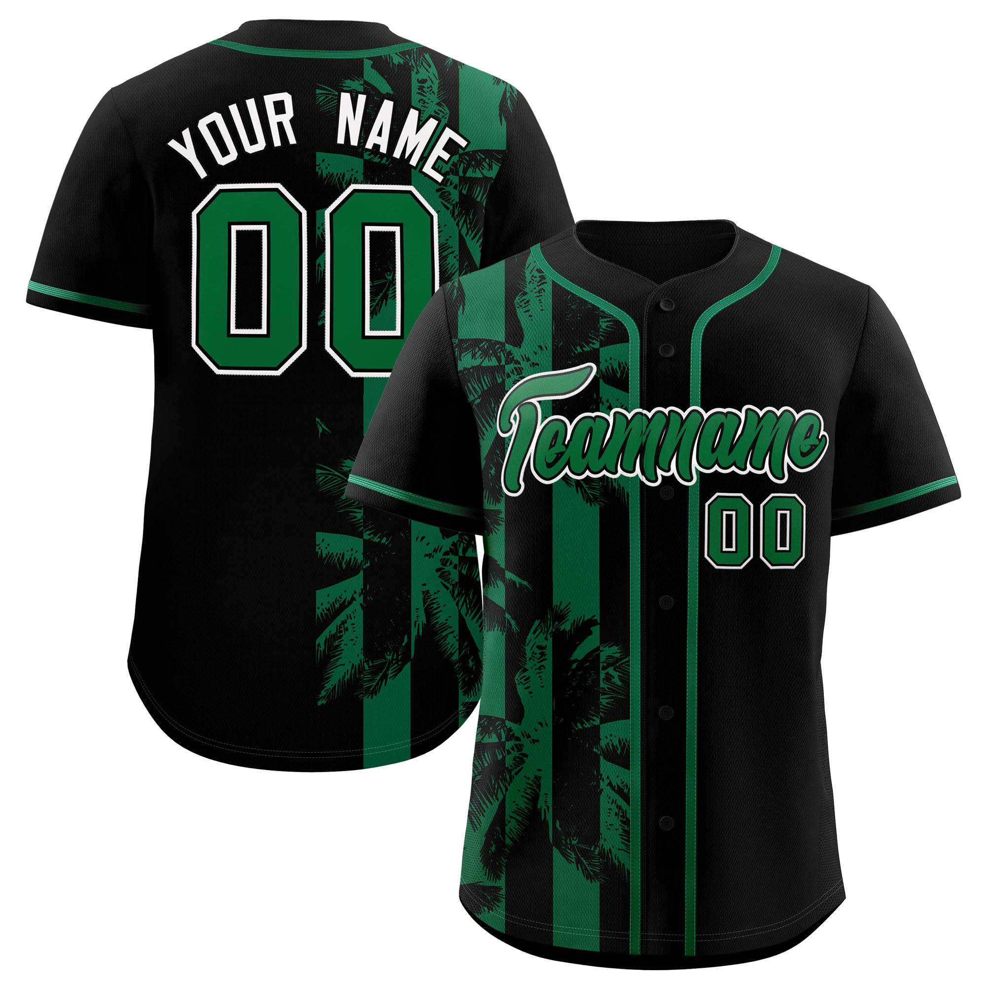 Custom Black Kelly Green Split Fashion Coconut Tree Design Authentic Baseball Jersey