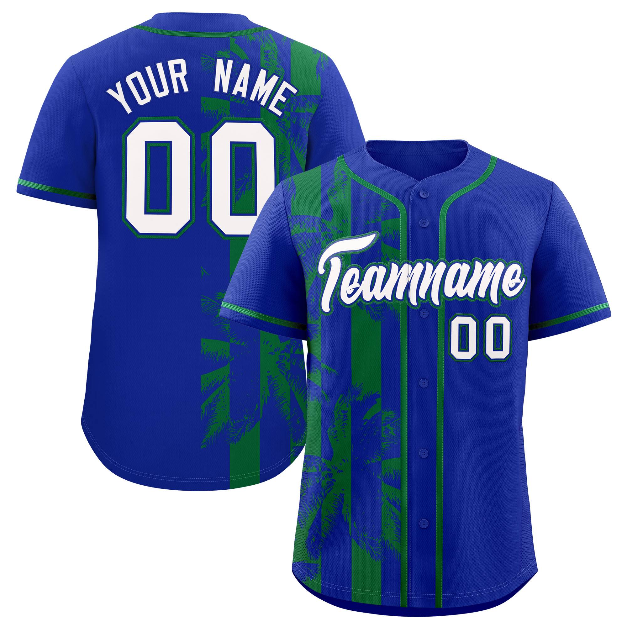 Custom Royal Kelly Green Split Fashion Coconut Tree Design Authentic Baseball Jersey