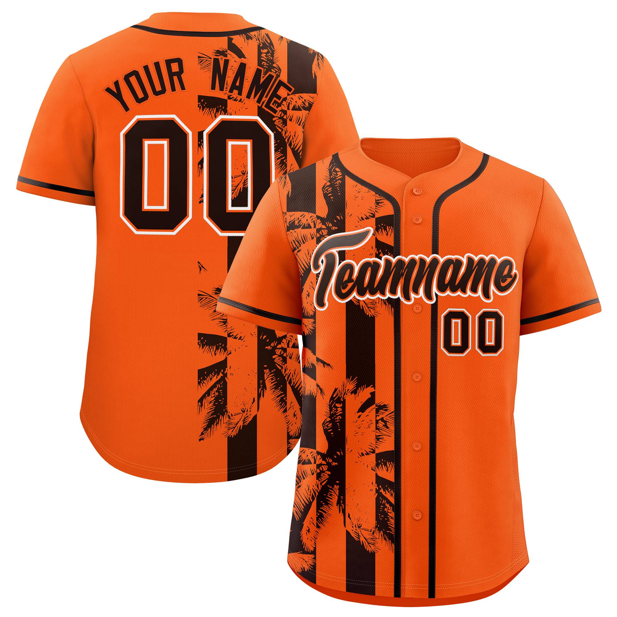 Custom Orange Brown Split Fashion Coconut Tree Design Authentic Baseball Jersey