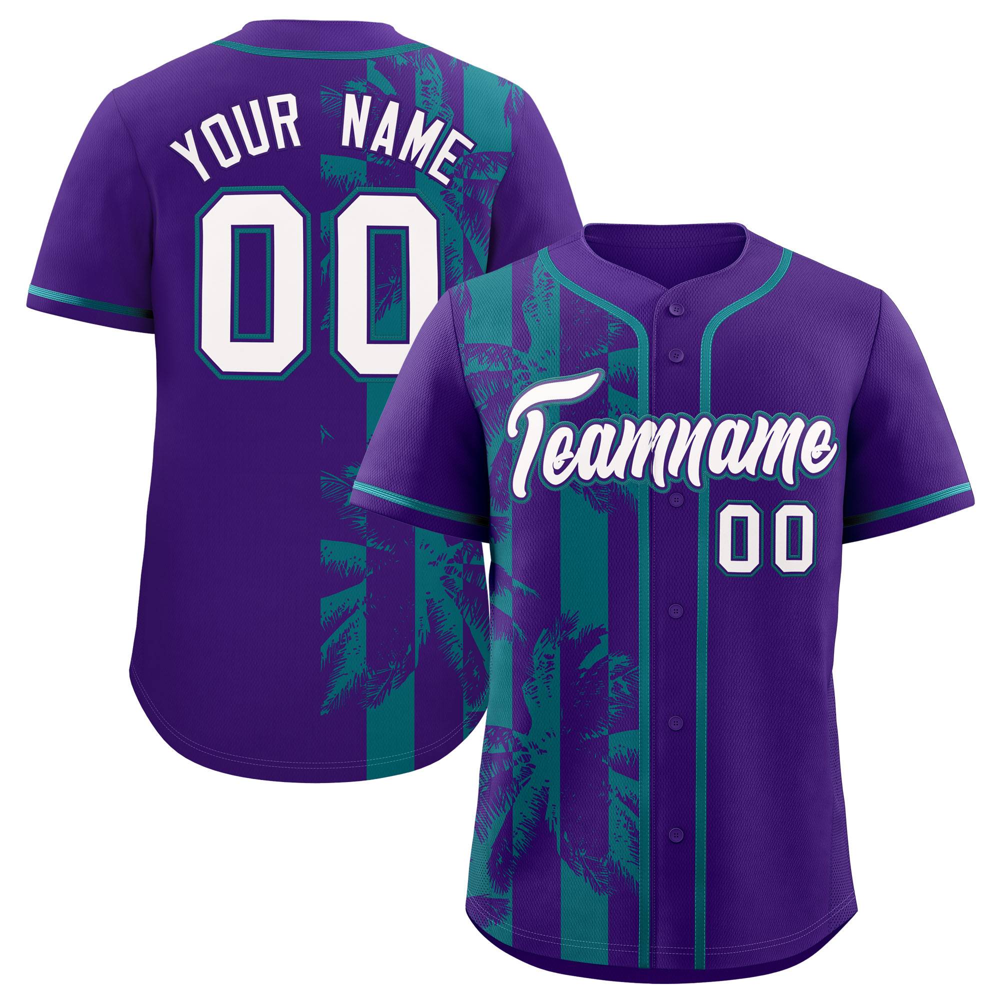 Custom Purple Teal Split Fashion Coconut Tree Design Authentic Baseball Jersey