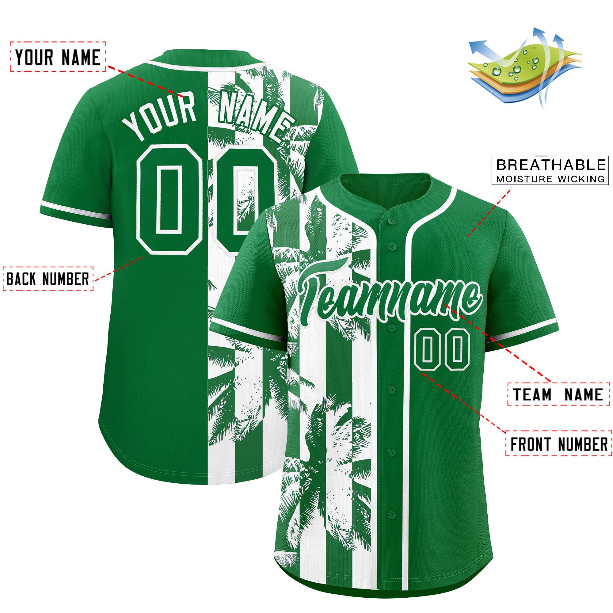 Custom Kelly Green White Split Fashion Coconut Tree Design Authentic Baseball Jersey