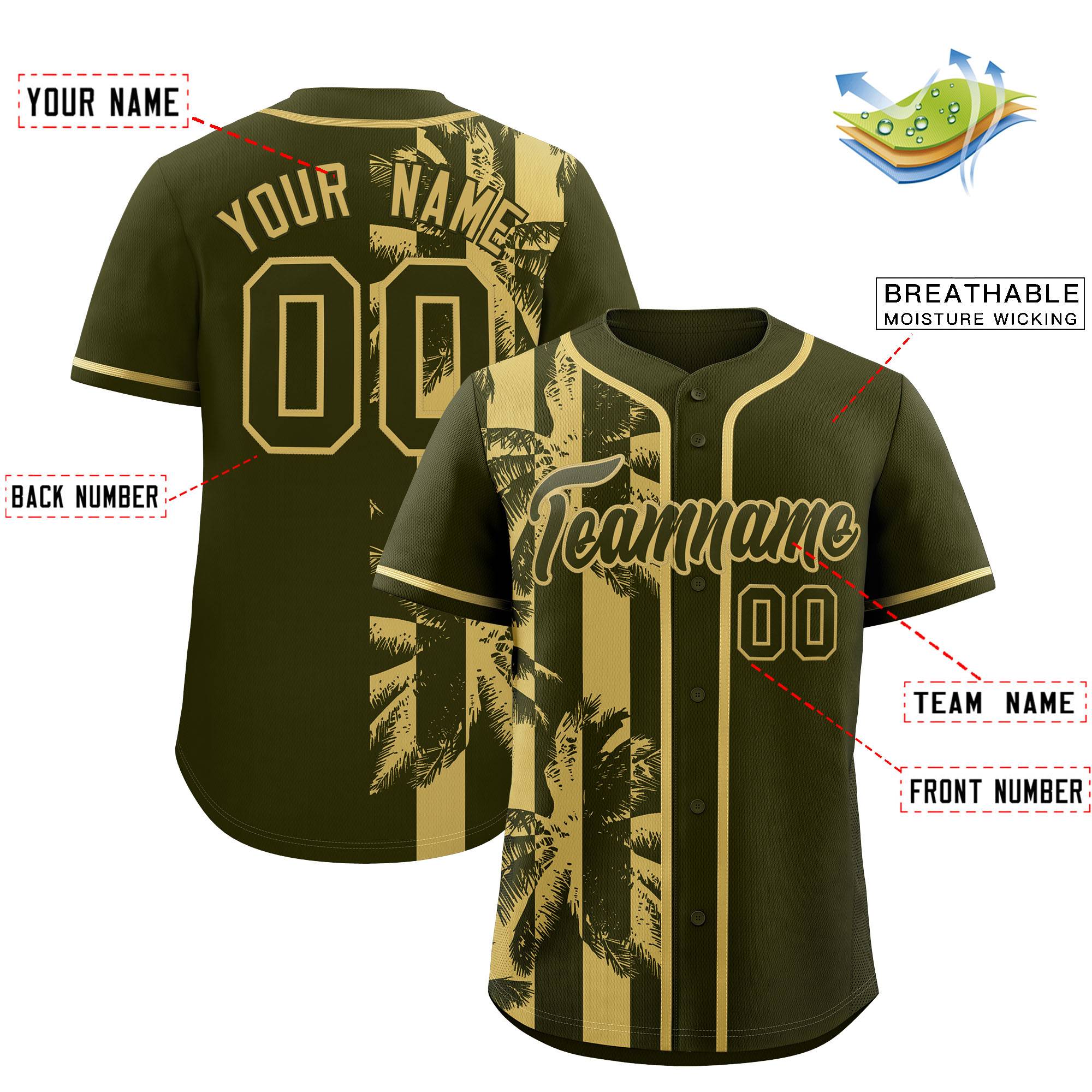 Custom Olive Khaki Split Fashion Coconut Tree Design Authentic Baseball Jersey