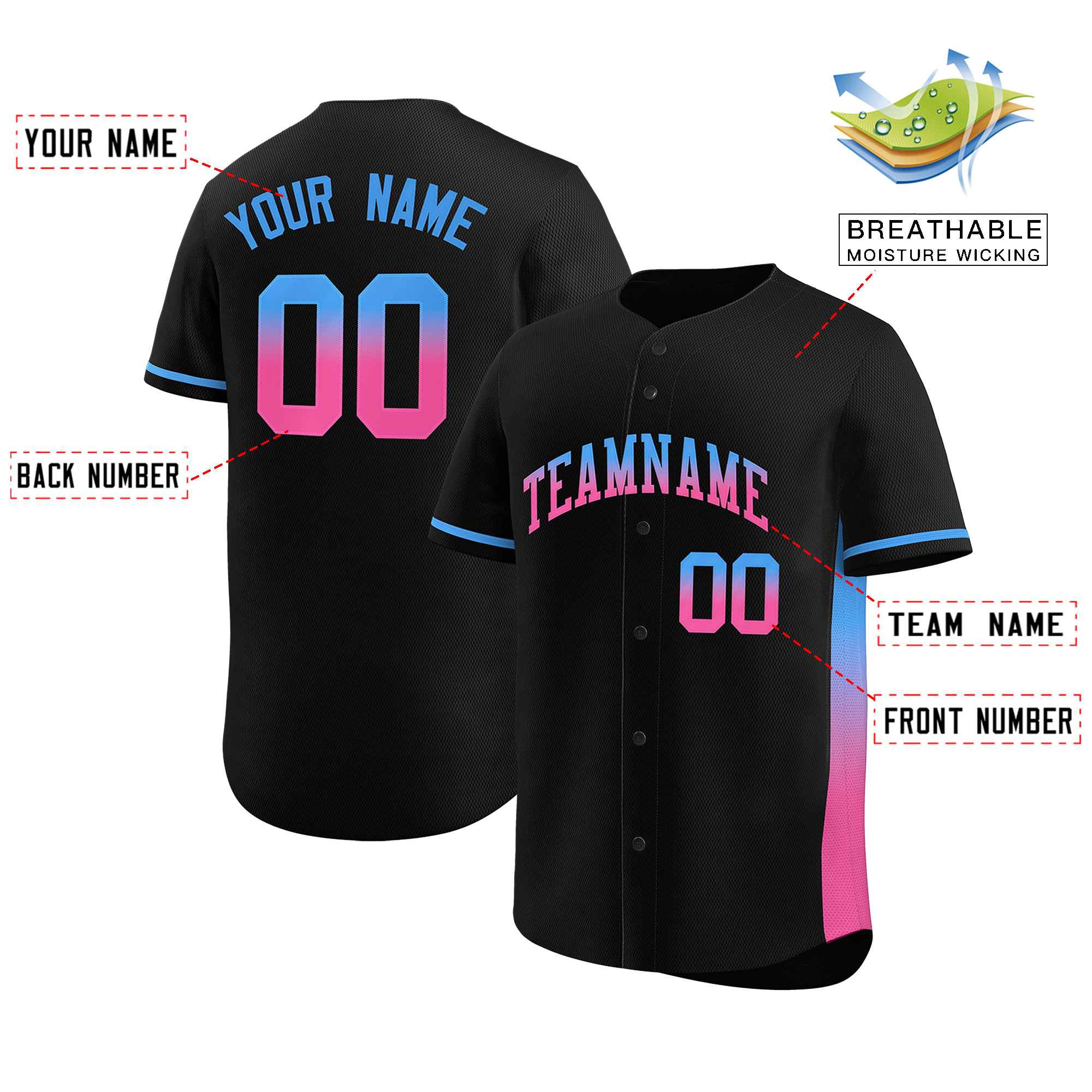 Custom Black Powder Blue-Pink Personalized Gradient Font And Side Design Authentic Baseball Jersey