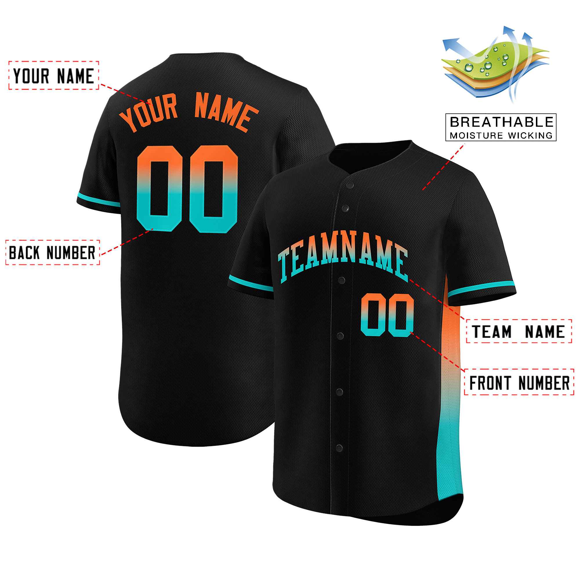 Custom Black Orange-Aqua Personalized Gradient Font And Side Design Authentic Baseball Jersey