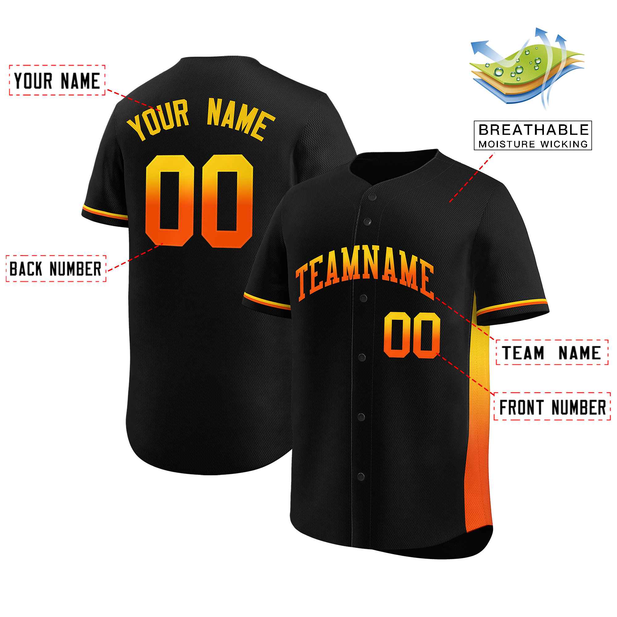 Custom Black Gold-Orange Personalized Gradient Font And Side Design Authentic Baseball Jersey