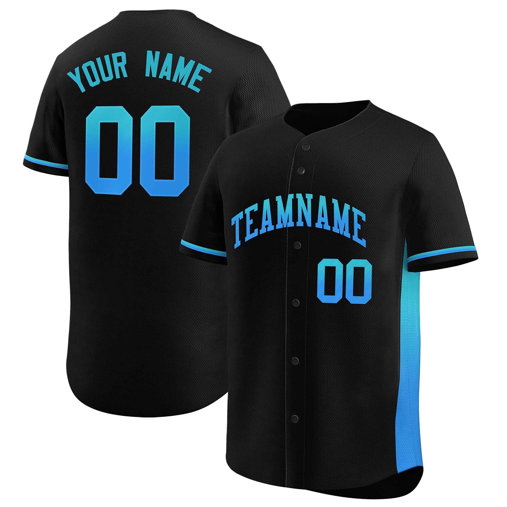 Custom Black Sky Blue-Powder Blue Personalized Gradient Font And Side Design Authentic Baseball Jersey