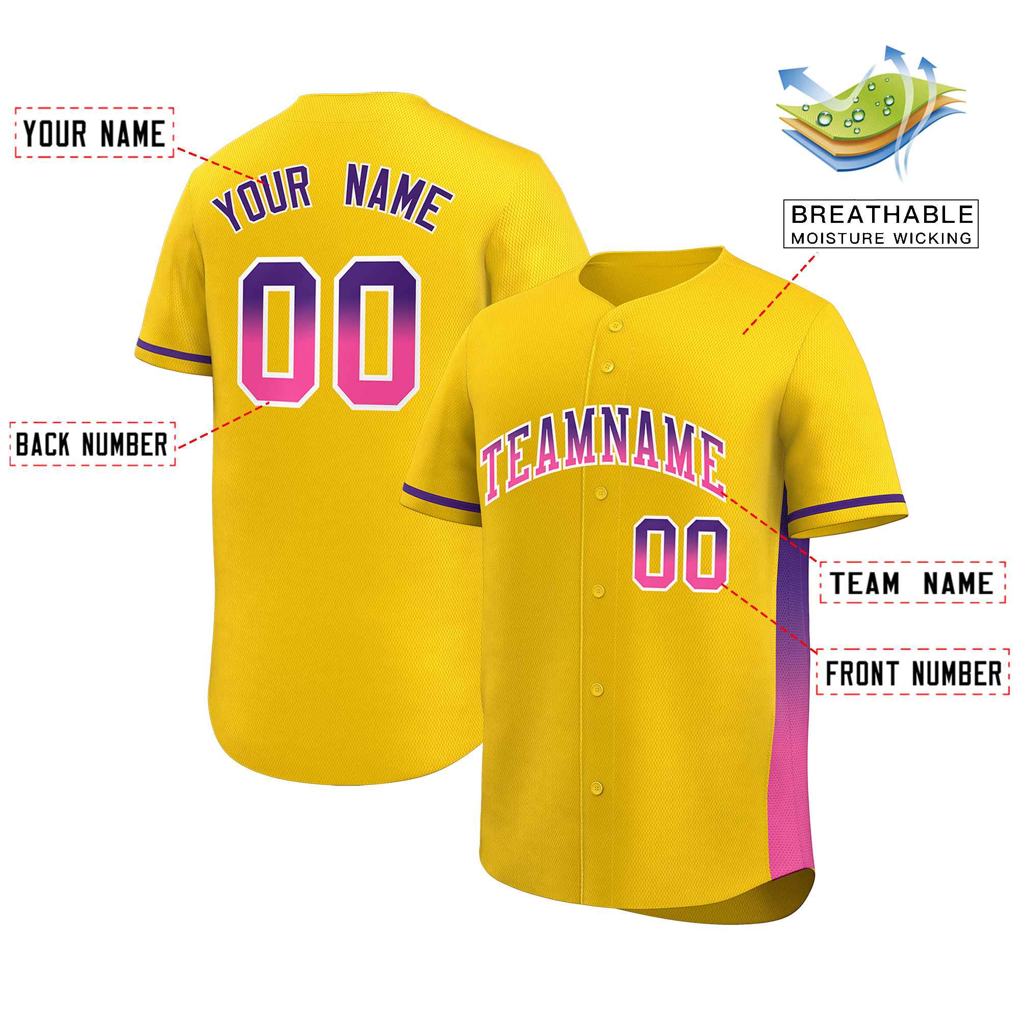 Custom Gold Purple-Pink Personalized Gradient Font And Side Design Authentic Baseball Jersey