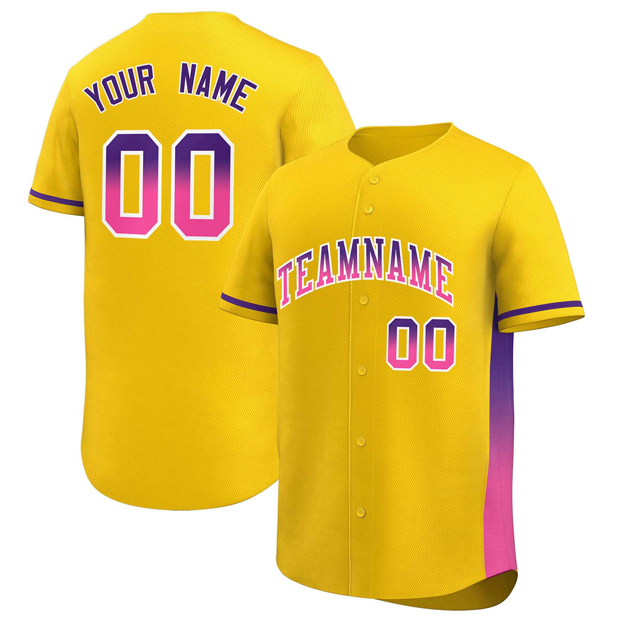 Custom Gold Purple-Pink Personalized Gradient Font And Side Design Authentic Baseball Jersey